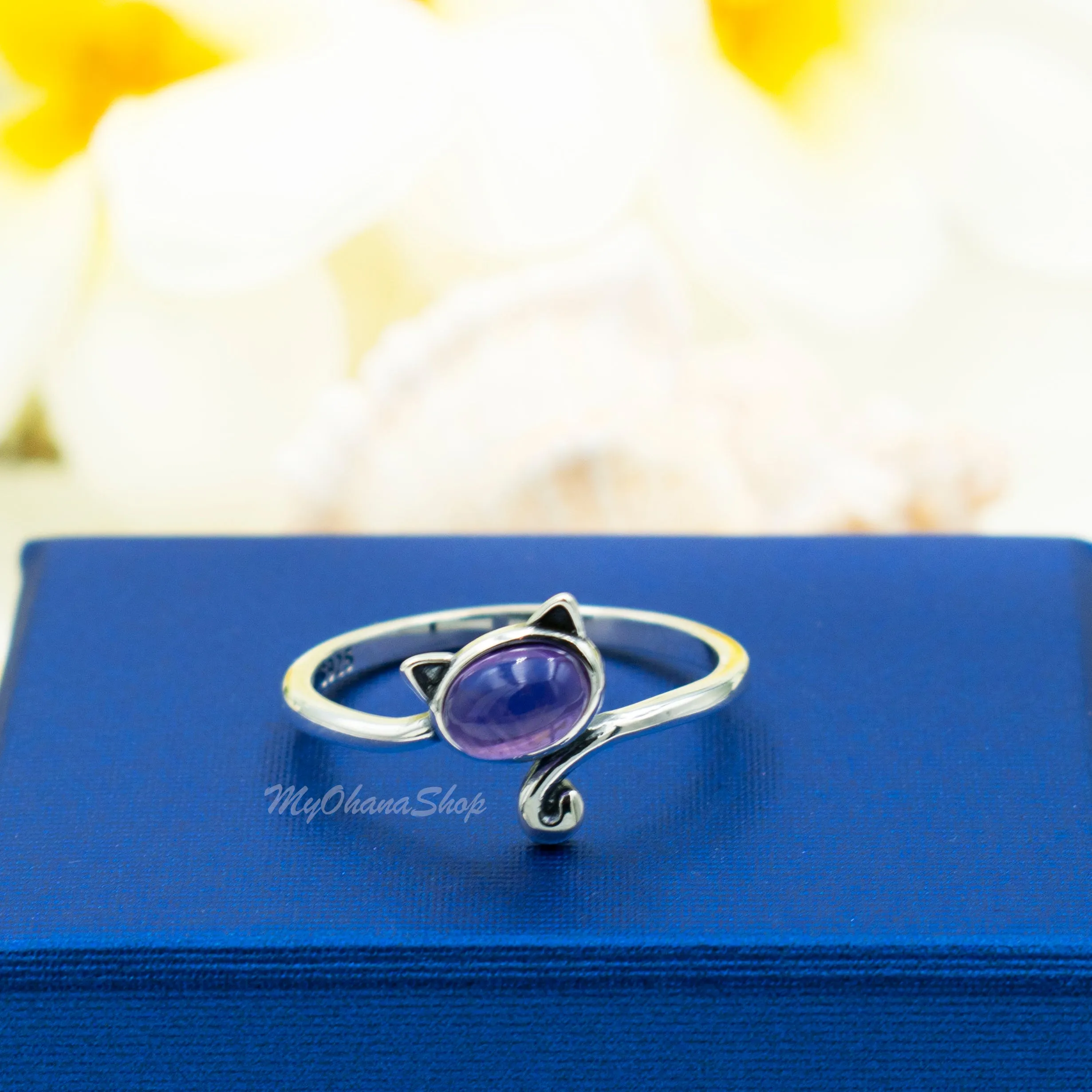 925 Sterling Silver Cat With Genuine Gemstones Ring For Women and Children.  12mm (1/2") Wide Kitty Cat Ring For Pinky, Ring Finger, Middle, Index or Thumb.