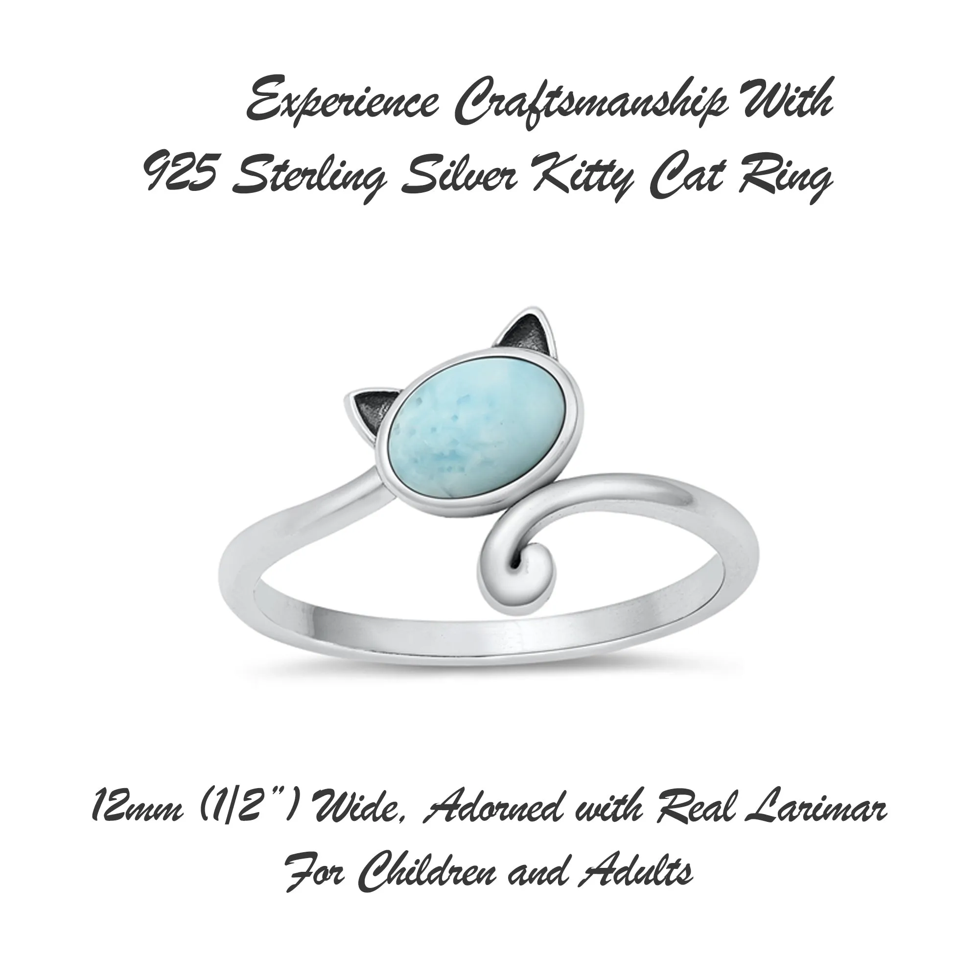 925 Sterling Silver Cat With Genuine Gemstones Ring For Women and Children.  12mm (1/2") Wide Kitty Cat Ring For Pinky, Ring Finger, Middle, Index or Thumb.