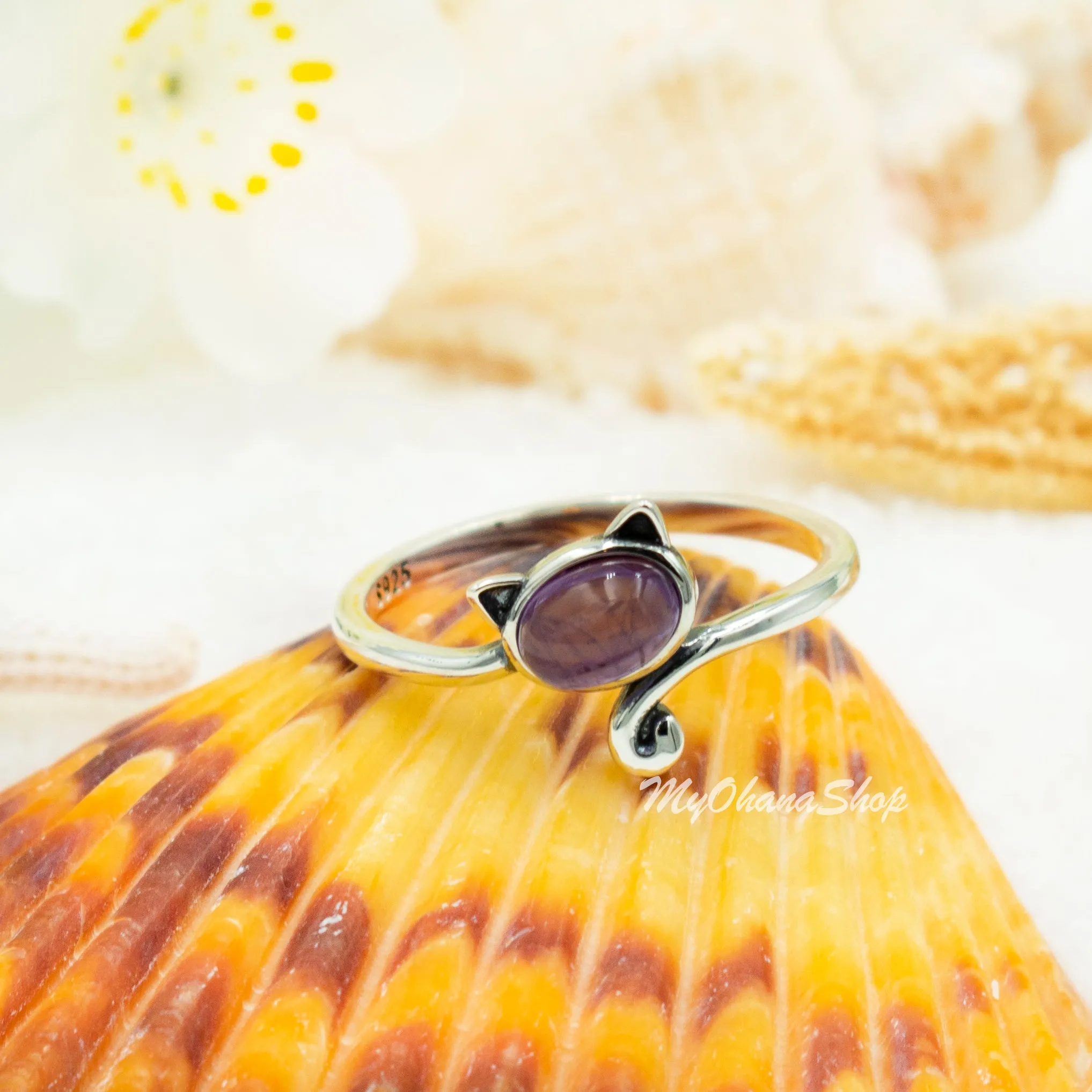 925 Sterling Silver Cat With Genuine Gemstones Ring For Women and Children.  12mm (1/2") Wide Kitty Cat Ring For Pinky, Ring Finger, Middle, Index or Thumb.