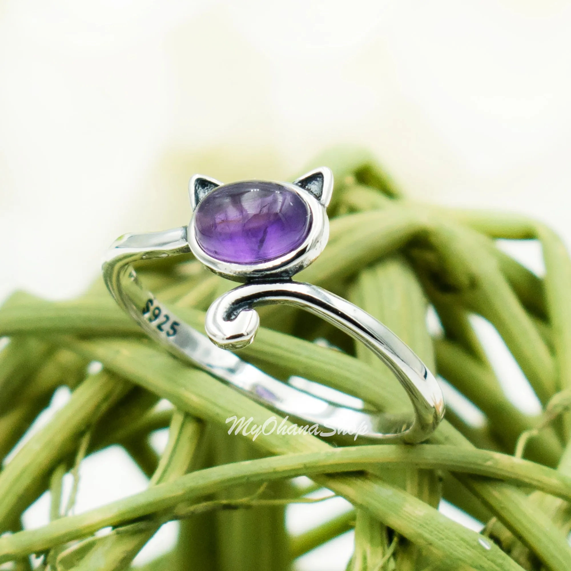 925 Sterling Silver Cat With Genuine Gemstones Ring For Women and Children.  12mm (1/2") Wide Kitty Cat Ring For Pinky, Ring Finger, Middle, Index or Thumb.