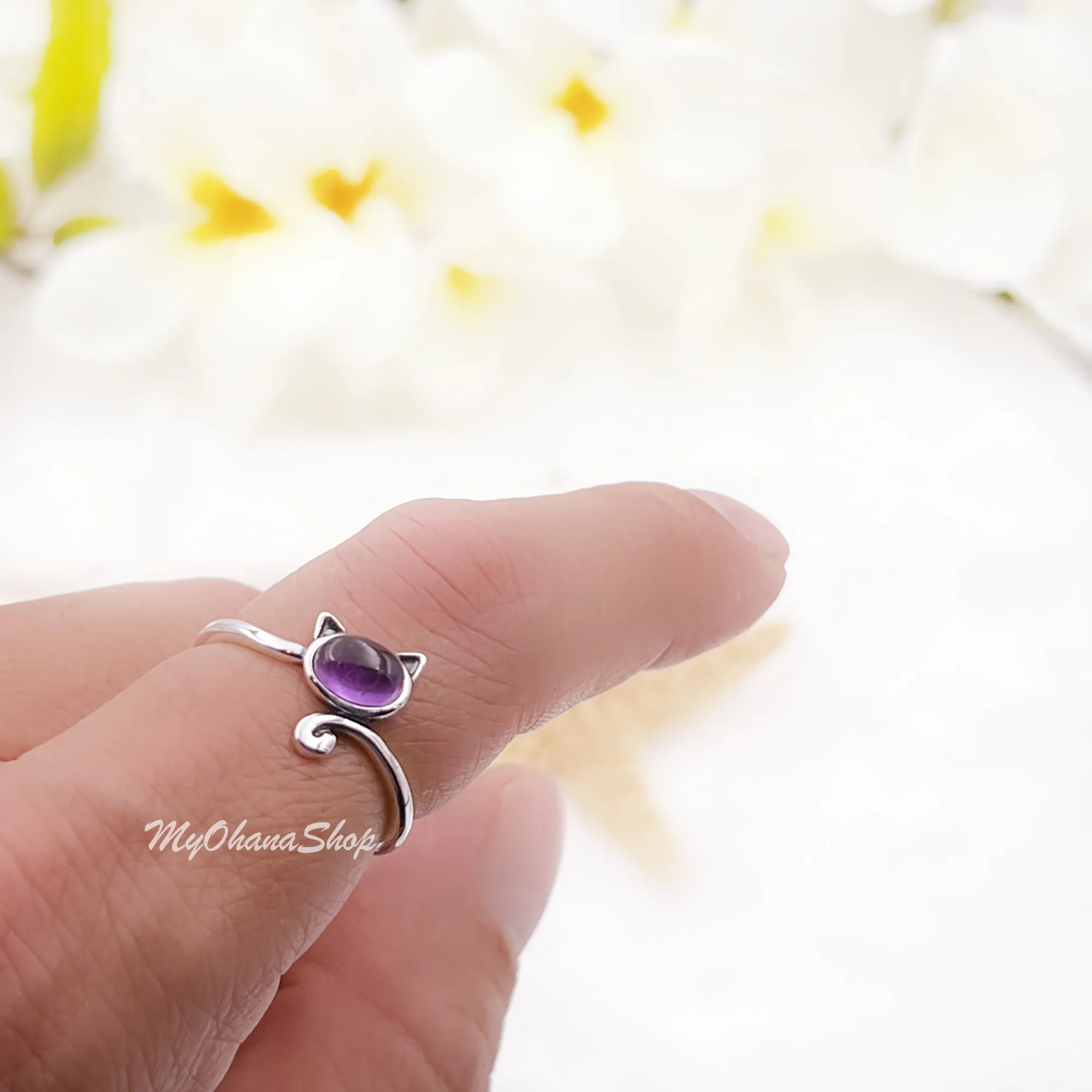 925 Sterling Silver Cat With Genuine Gemstones Ring For Women and Children.  12mm (1/2") Wide Kitty Cat Ring For Pinky, Ring Finger, Middle, Index or Thumb.