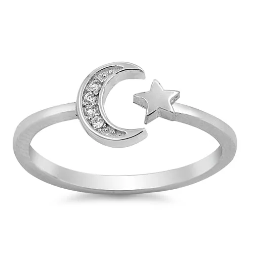 925 Sterling Silver Moon & Star Ring With Clear CZ or Nano Turquoise