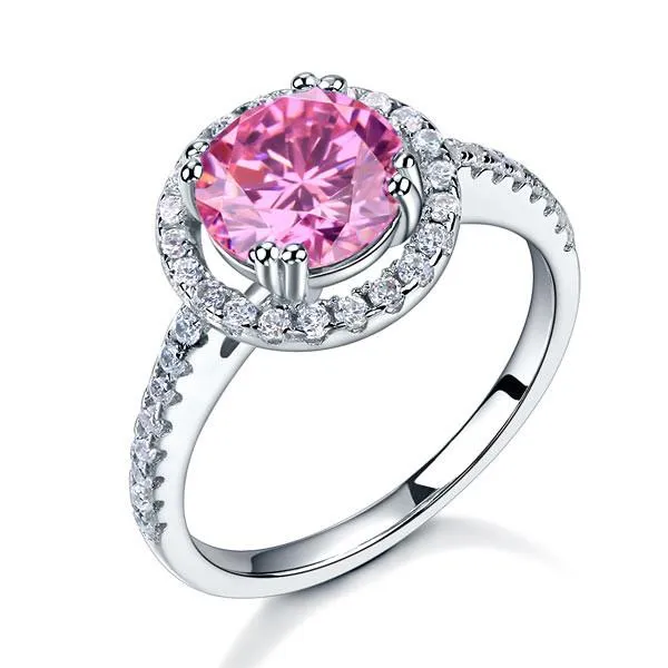 925 Sterling Silver Wedding Engagement Halo Ring 2 Carat Fancy Pink Simulated Diamond