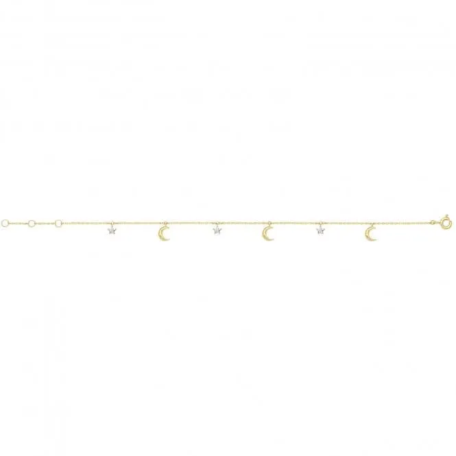 9ct Yellow Gold Celestial Chain Bracelet with Zirconia Star & Moon