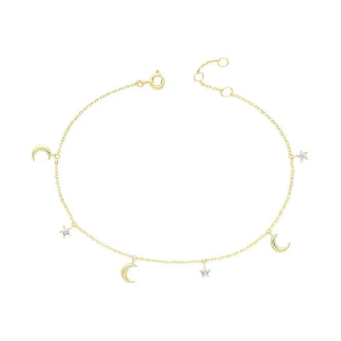 9ct Yellow Gold Celestial Chain Bracelet with Zirconia Star & Moon