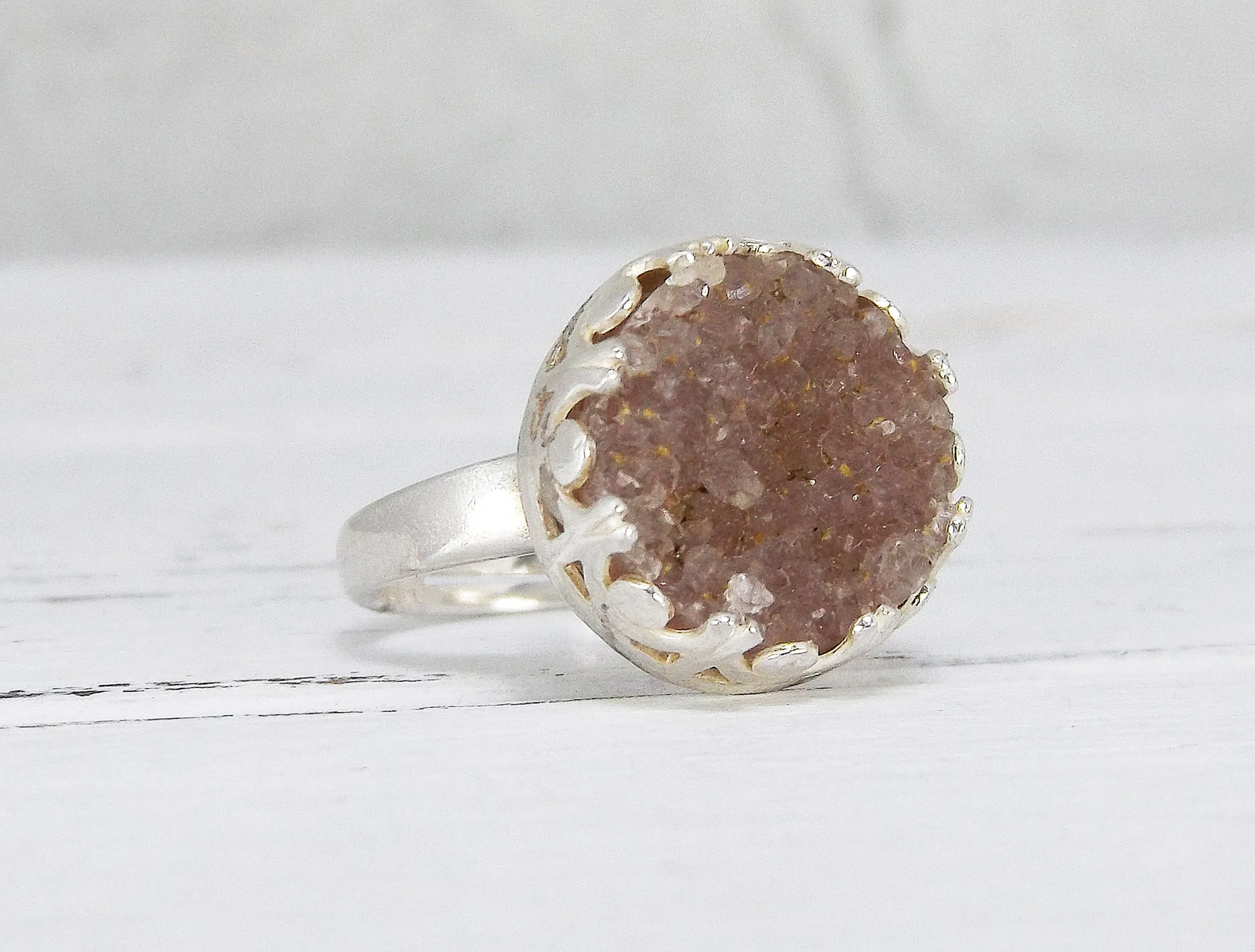 Adjustable Sterling Silver and Smoky Quartz Druzy Ring