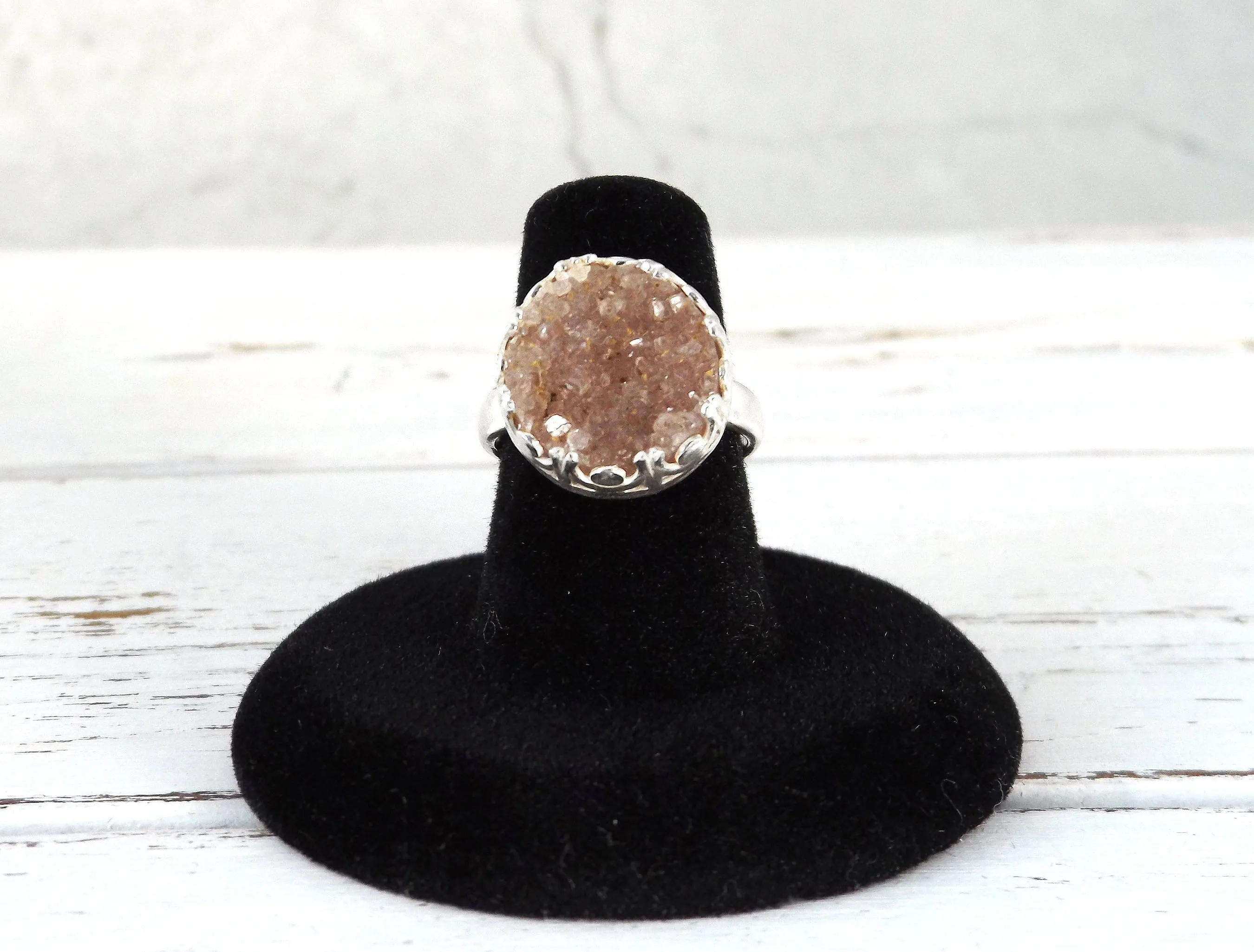 Adjustable Sterling Silver and Smoky Quartz Druzy Ring