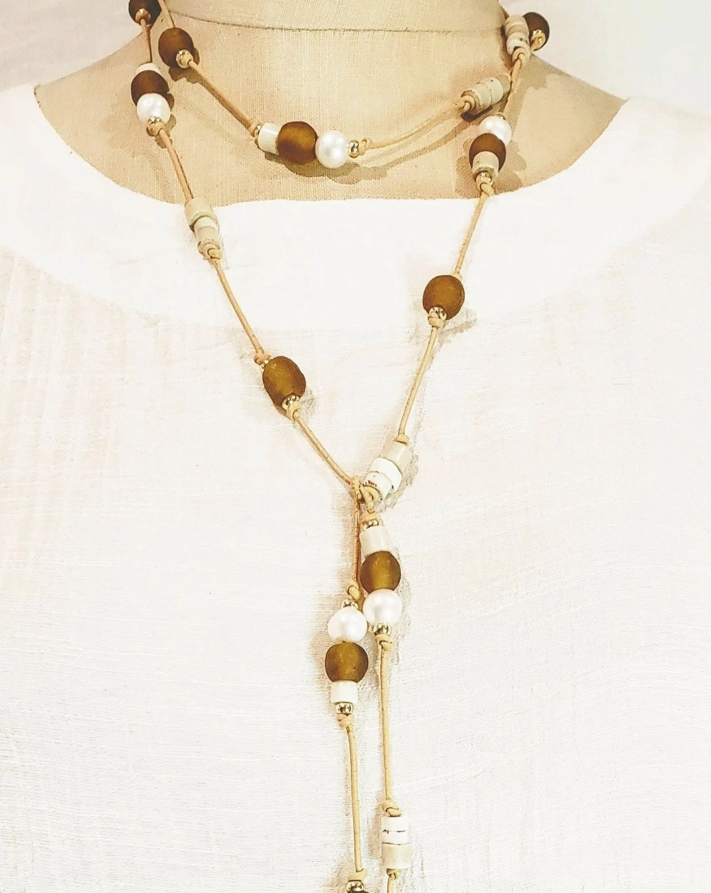 Amber Beach Glass & Pearl Lariat Necklace