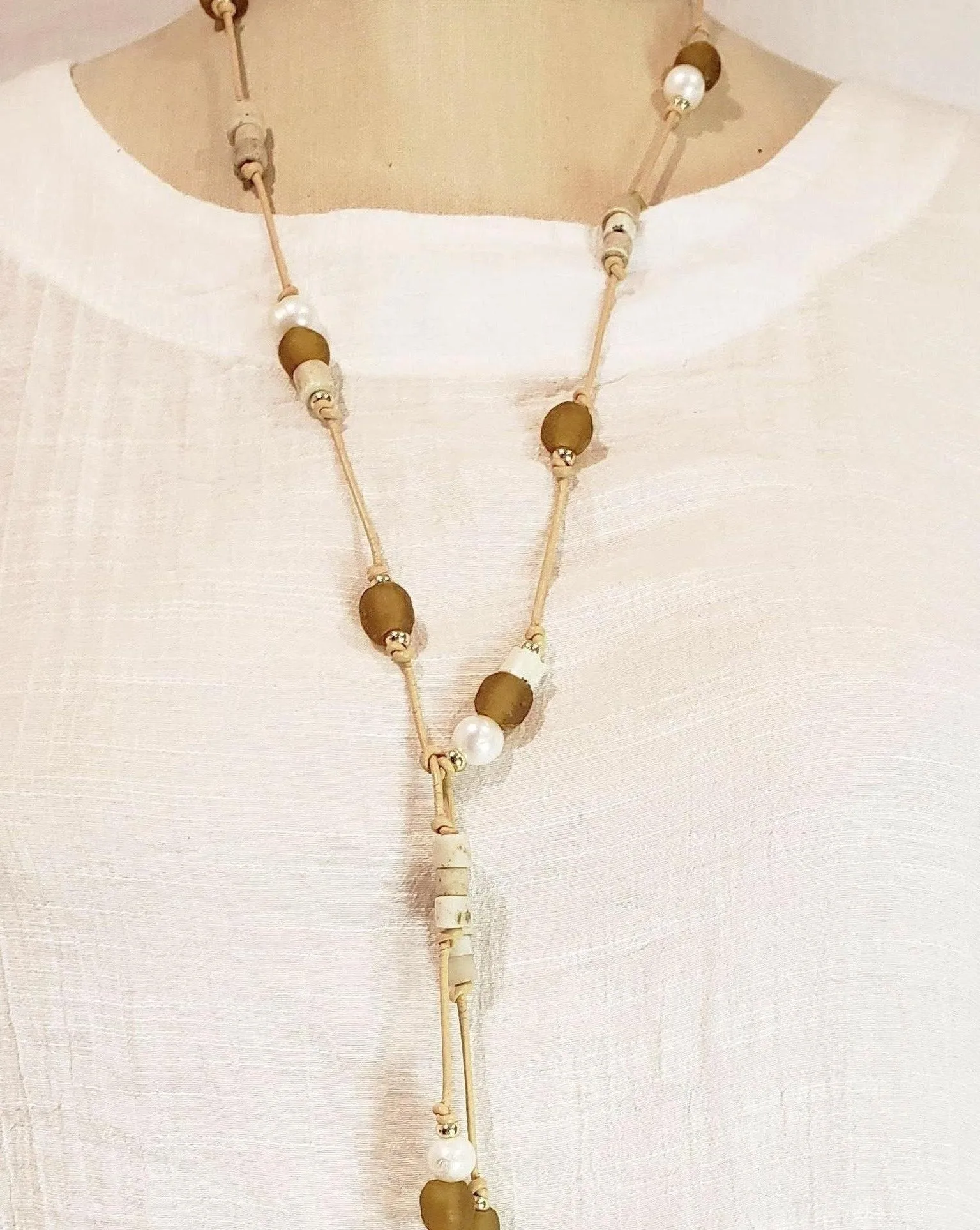 Amber Beach Glass & Pearl Lariat Necklace