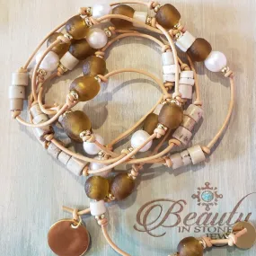 Amber Beach Glass & Pearl Lariat Necklace