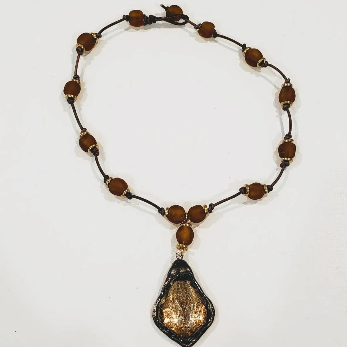 Amber Beach Glass Necklace With Crystal Pendant