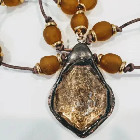 Amber Beach Glass Necklace With Crystal Pendant