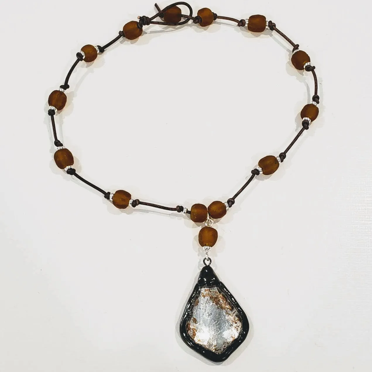 Amber Beach Glass Necklace With Silver leaf Crystal Pendant