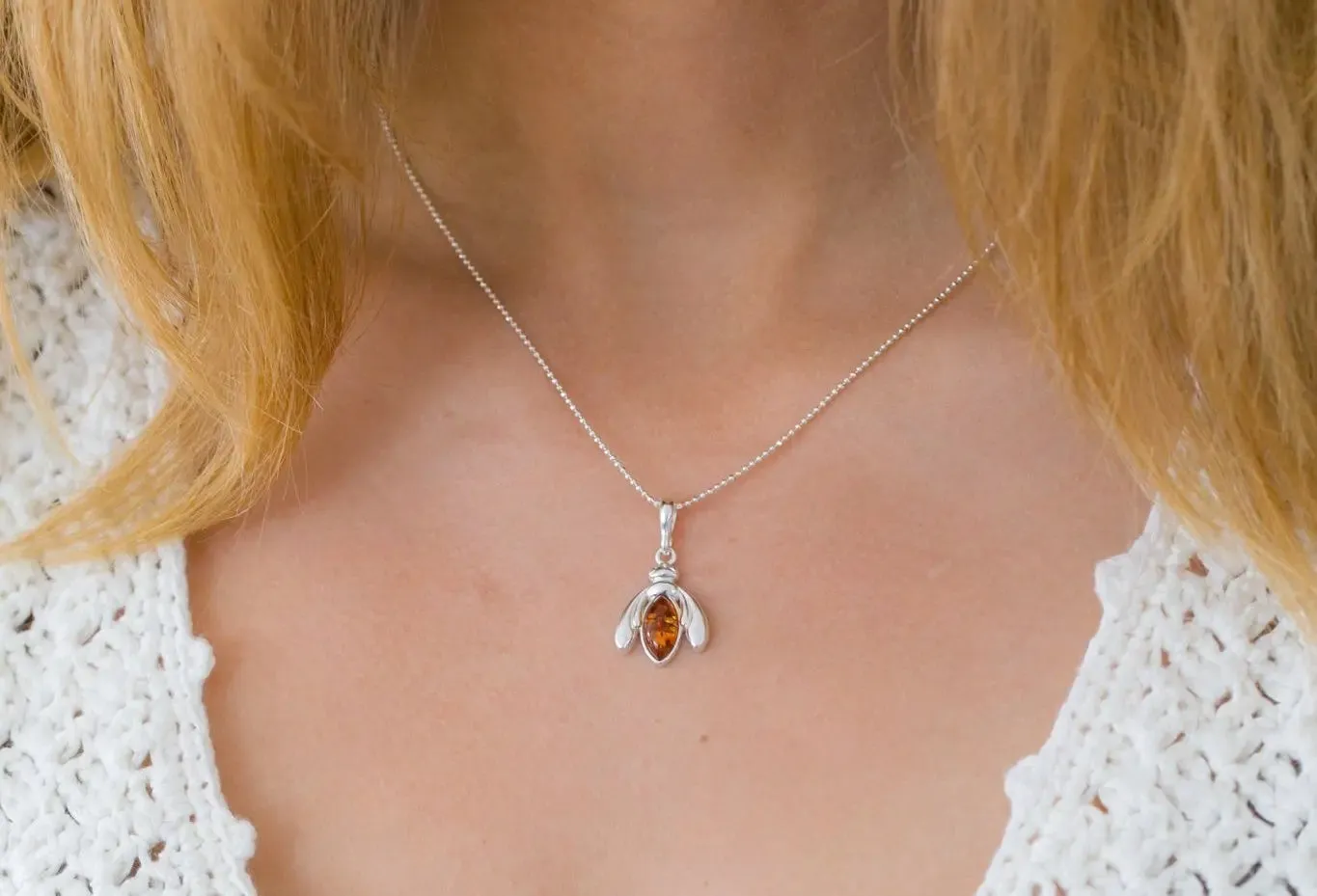 Amber Bumble Bee Charm Necklace - Sterling Silver Pendant with Baltic Amber Gemstone