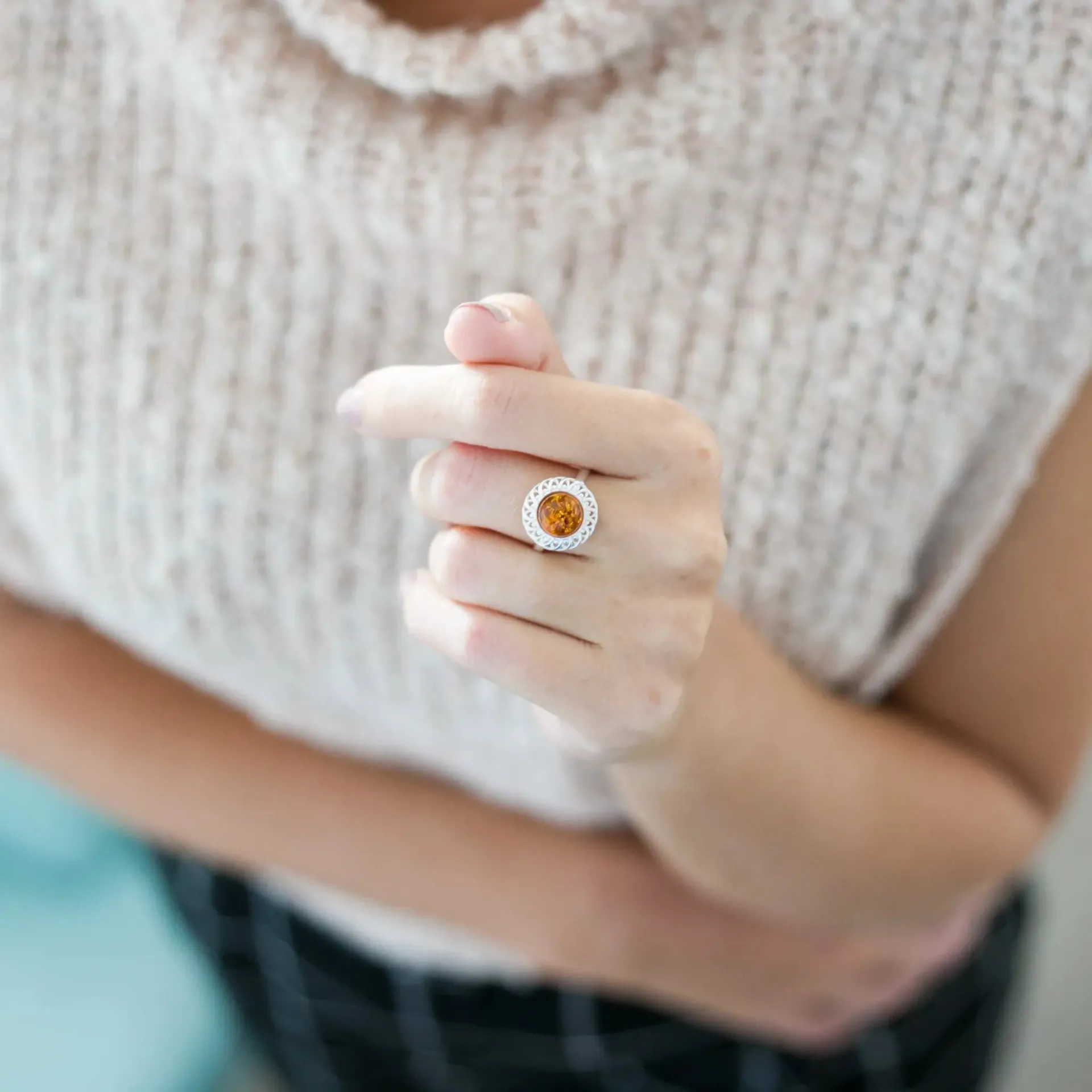 Amber Spiral Ring - Elegant Baltic Amber & Sterling Silver Adjustable Ring