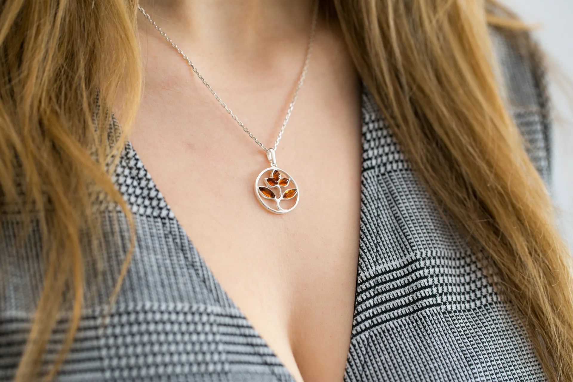 Amber Tree Charm Pendant, Minimal Amber Necklace - Sterling Silver