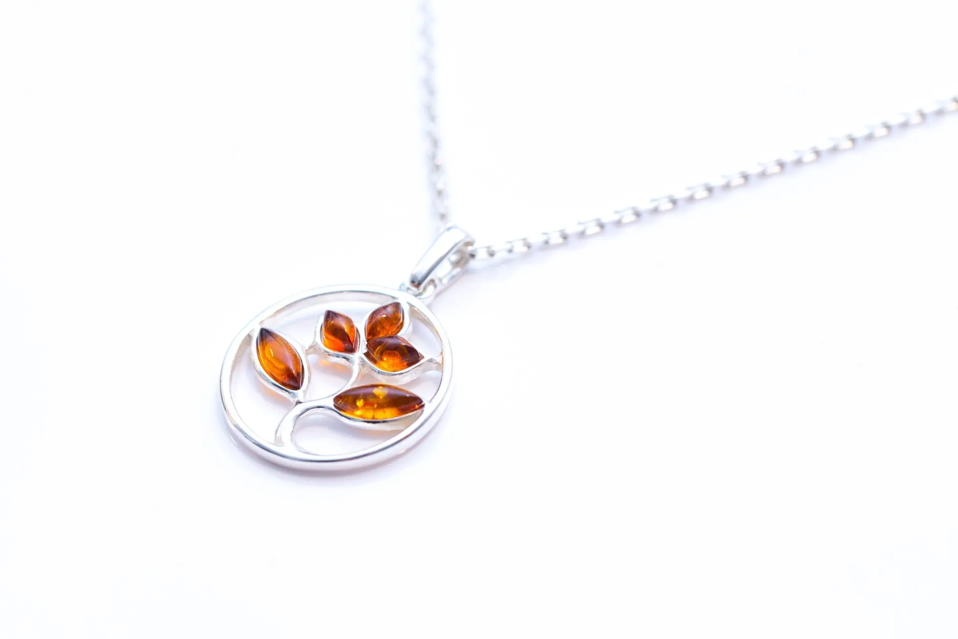 Amber Tree Charm Pendant, Minimal Amber Necklace - Sterling Silver