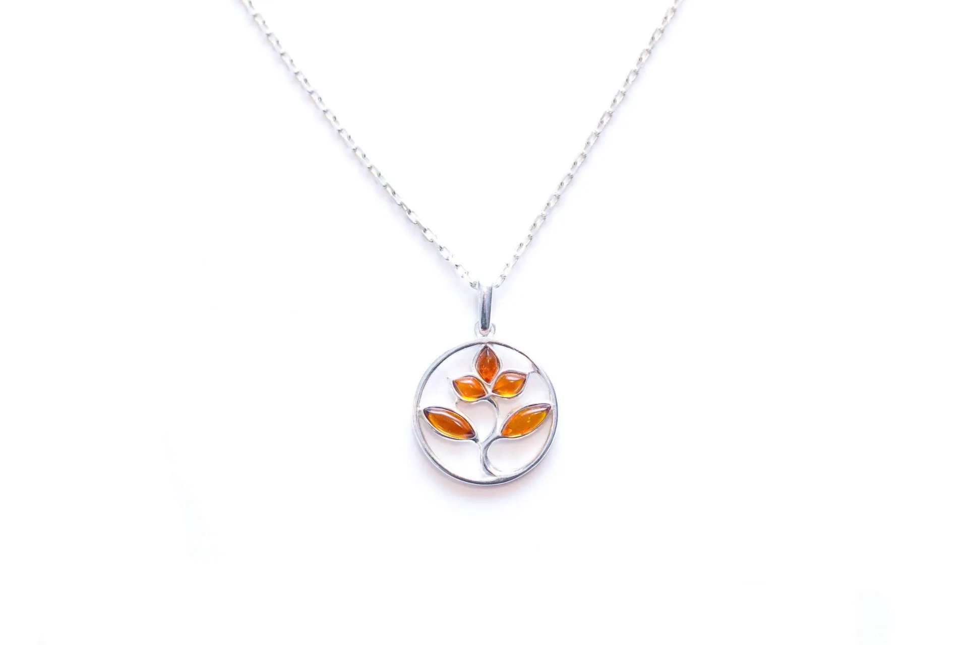 Amber Tree Charm Pendant, Minimal Amber Necklace - Sterling Silver