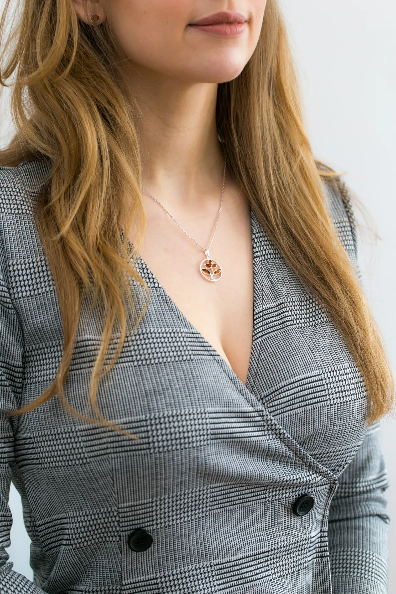 Amber Tree Charm Pendant, Minimal Amber Necklace - Sterling Silver