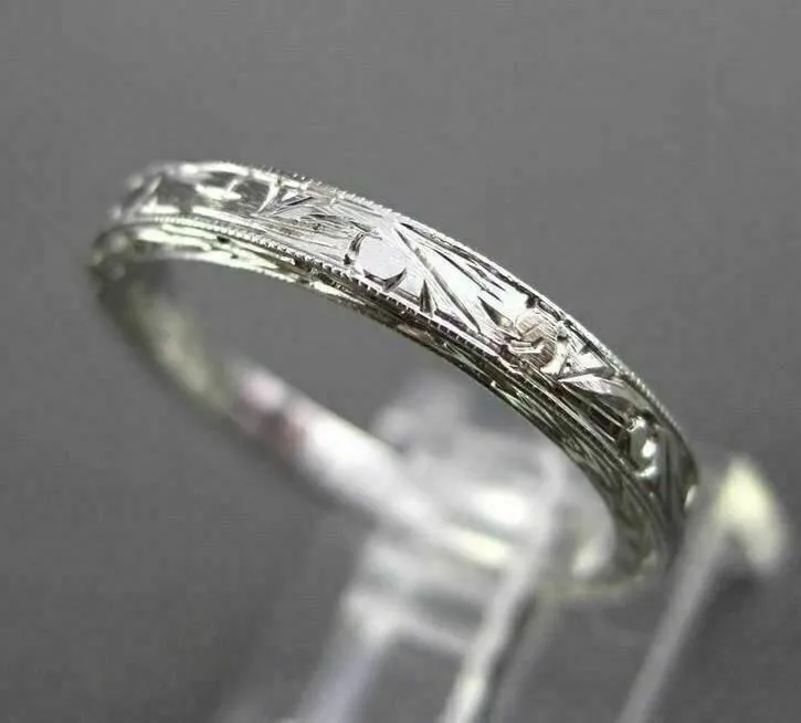 ANTIQUE 14KT WHITE GOLD 3D FLORAL FILIGREE WEDDING ANNIVERSARY RING 2mm #18938