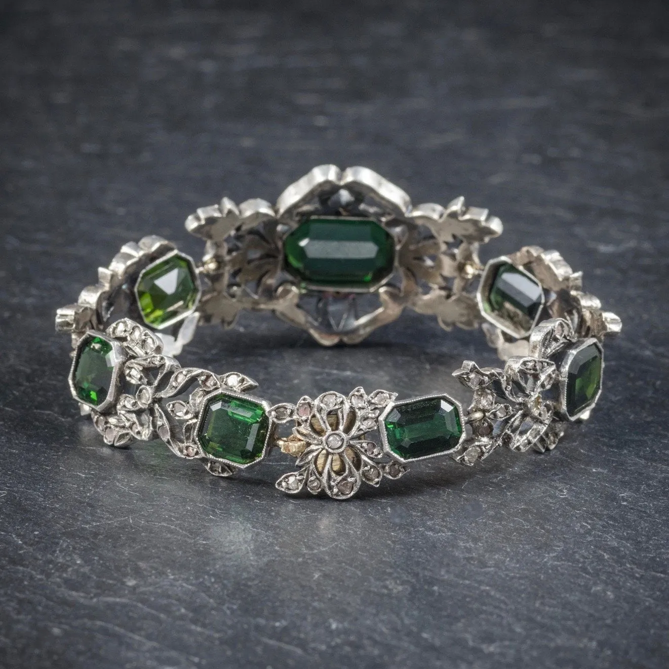 Antique Edwardian Green Tourmaline Bracelet Silver Circa 1910