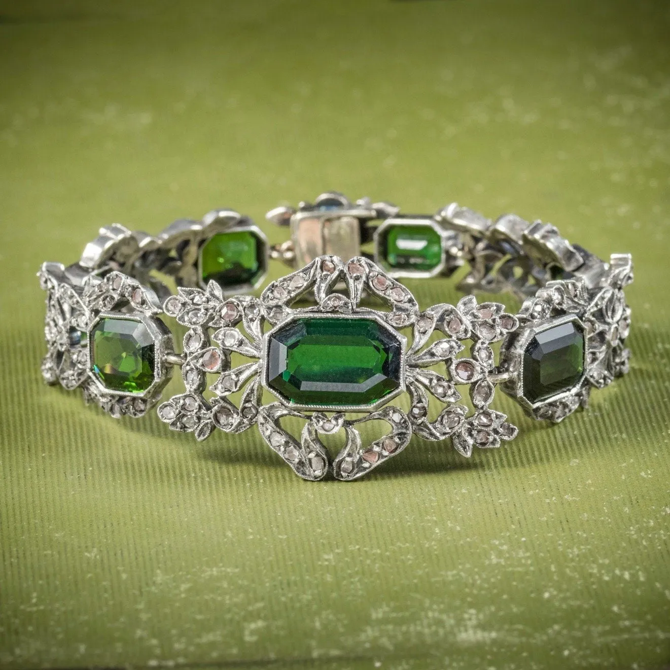 Antique Edwardian Green Tourmaline Bracelet Silver Circa 1910