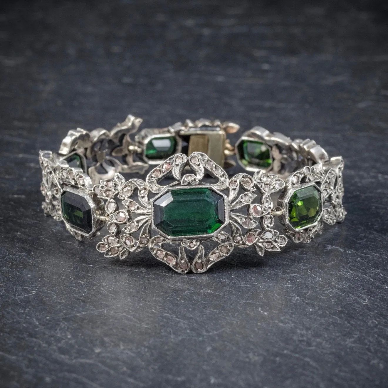 Antique Edwardian Green Tourmaline Bracelet Silver Circa 1910