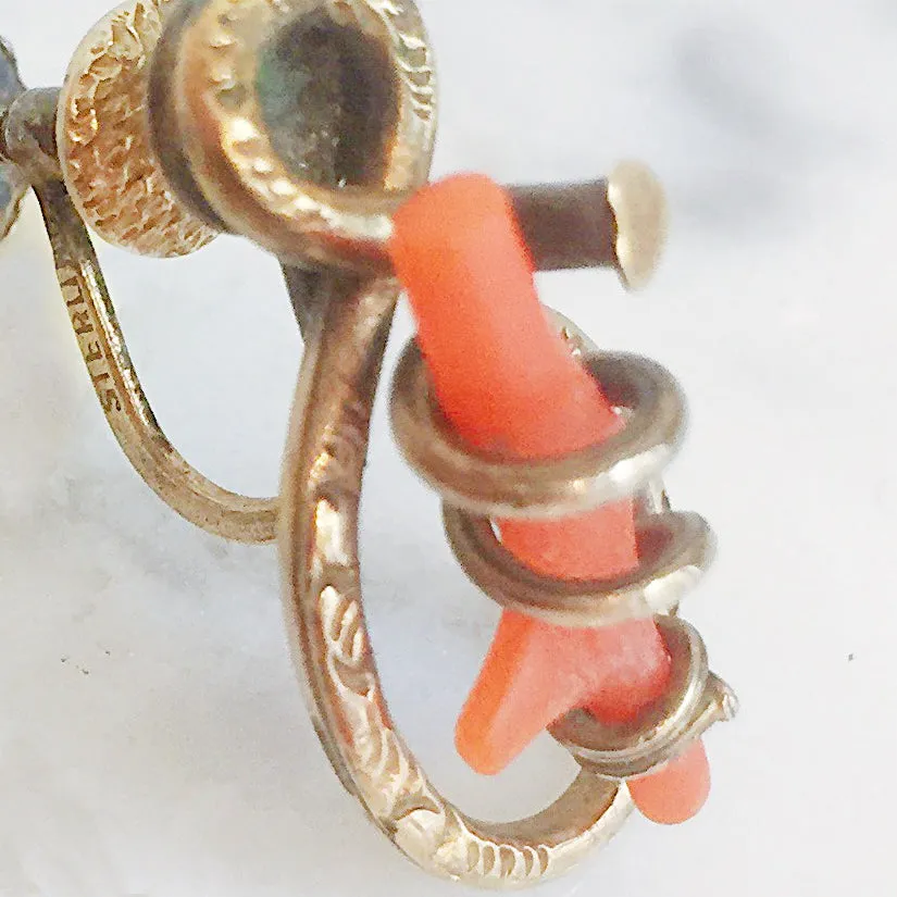 Antique Gilded Sterling Coral Love Knot Screwback Earrings