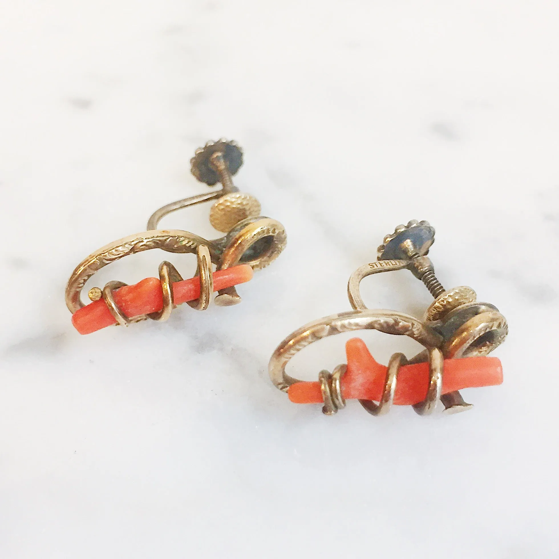 Antique Gilded Sterling Coral Love Knot Screwback Earrings