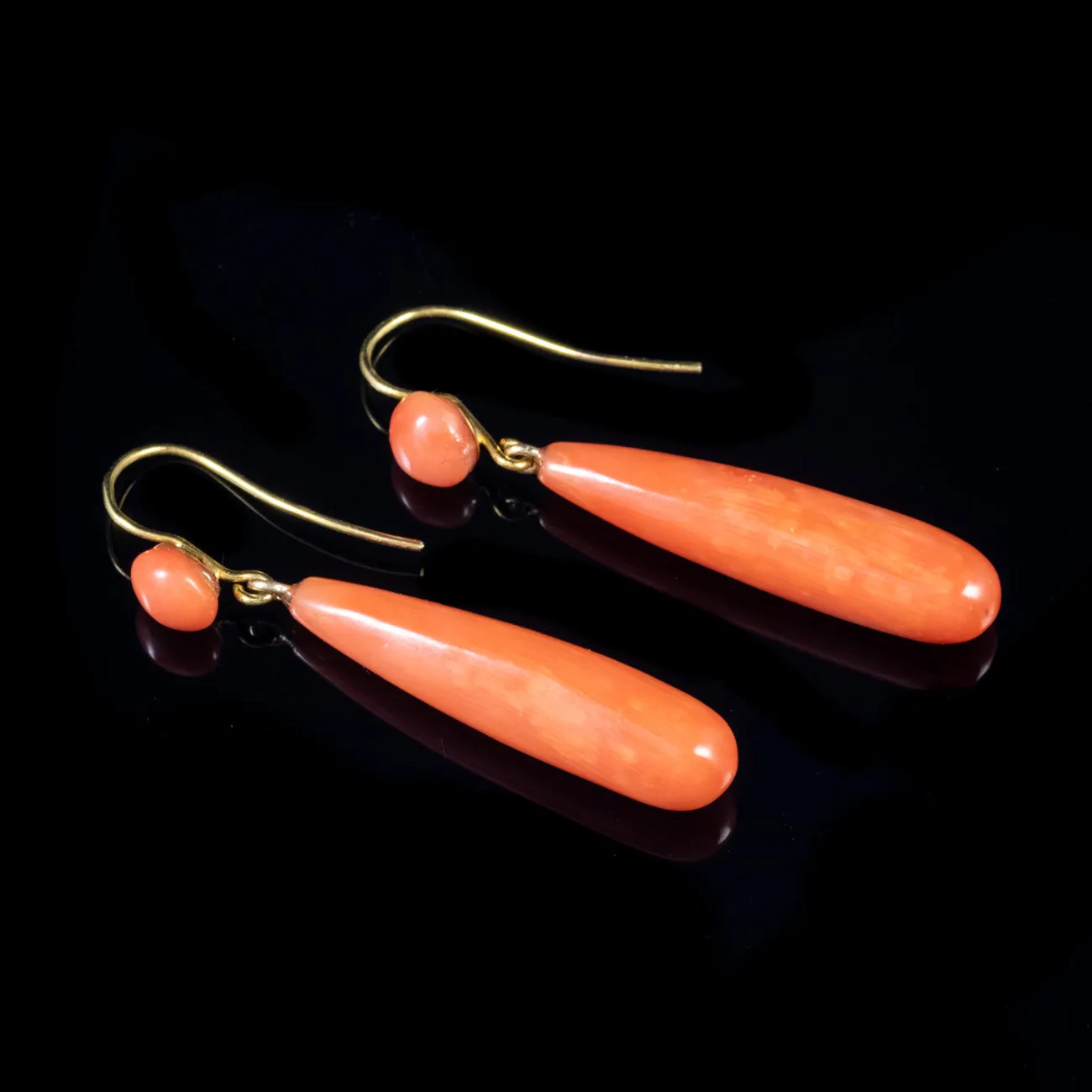 Antique Victorian Coral Long Drop Earrings 9Ct Gold Circa 1880