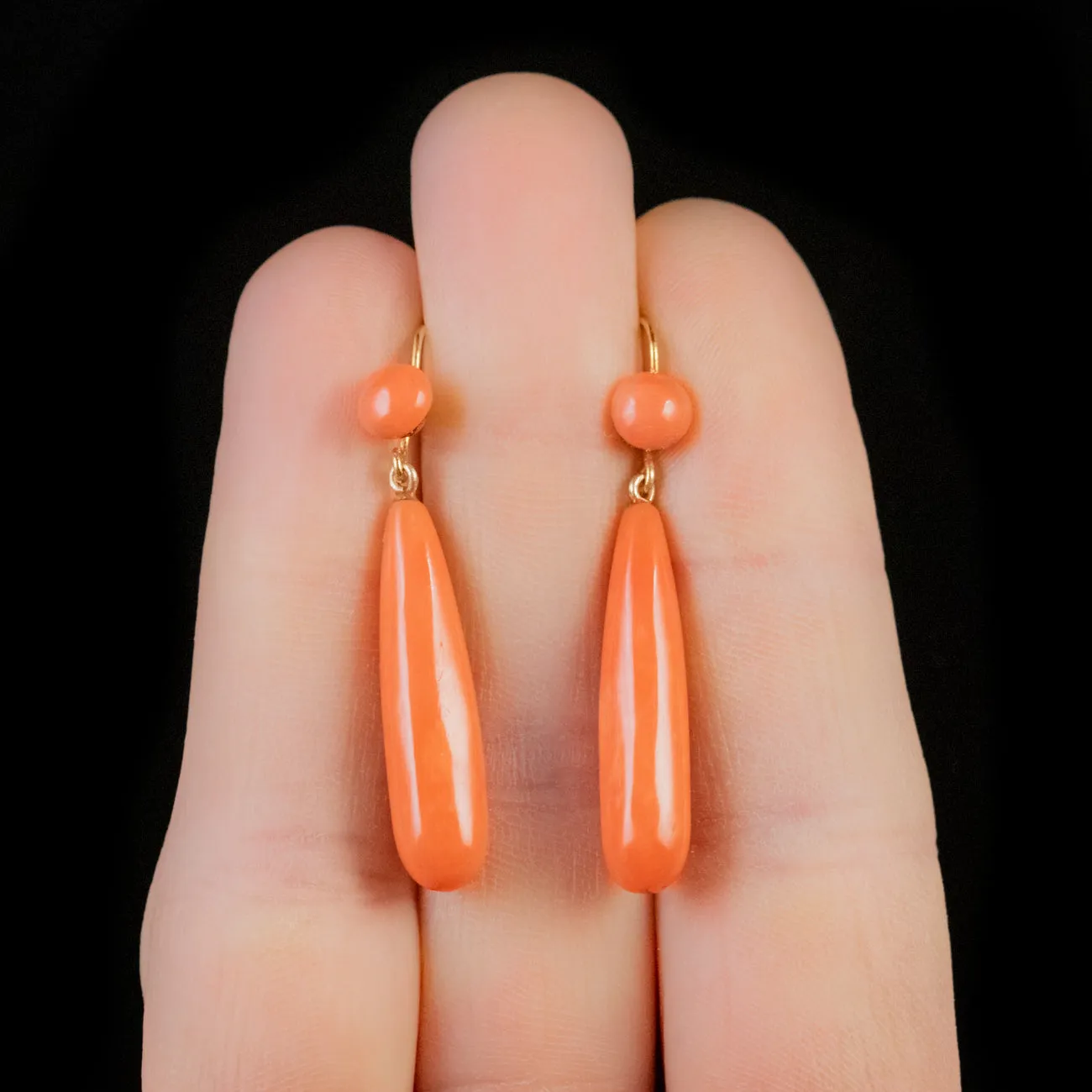 Antique Victorian Coral Long Drop Earrings 9Ct Gold Circa 1880