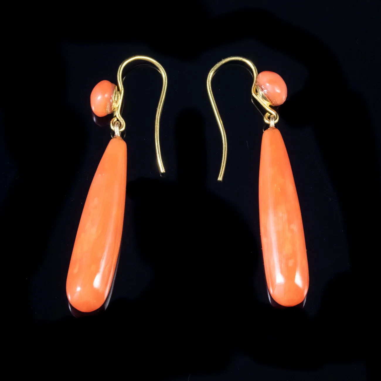 Antique Victorian Coral Long Drop Earrings 9Ct Gold Circa 1880