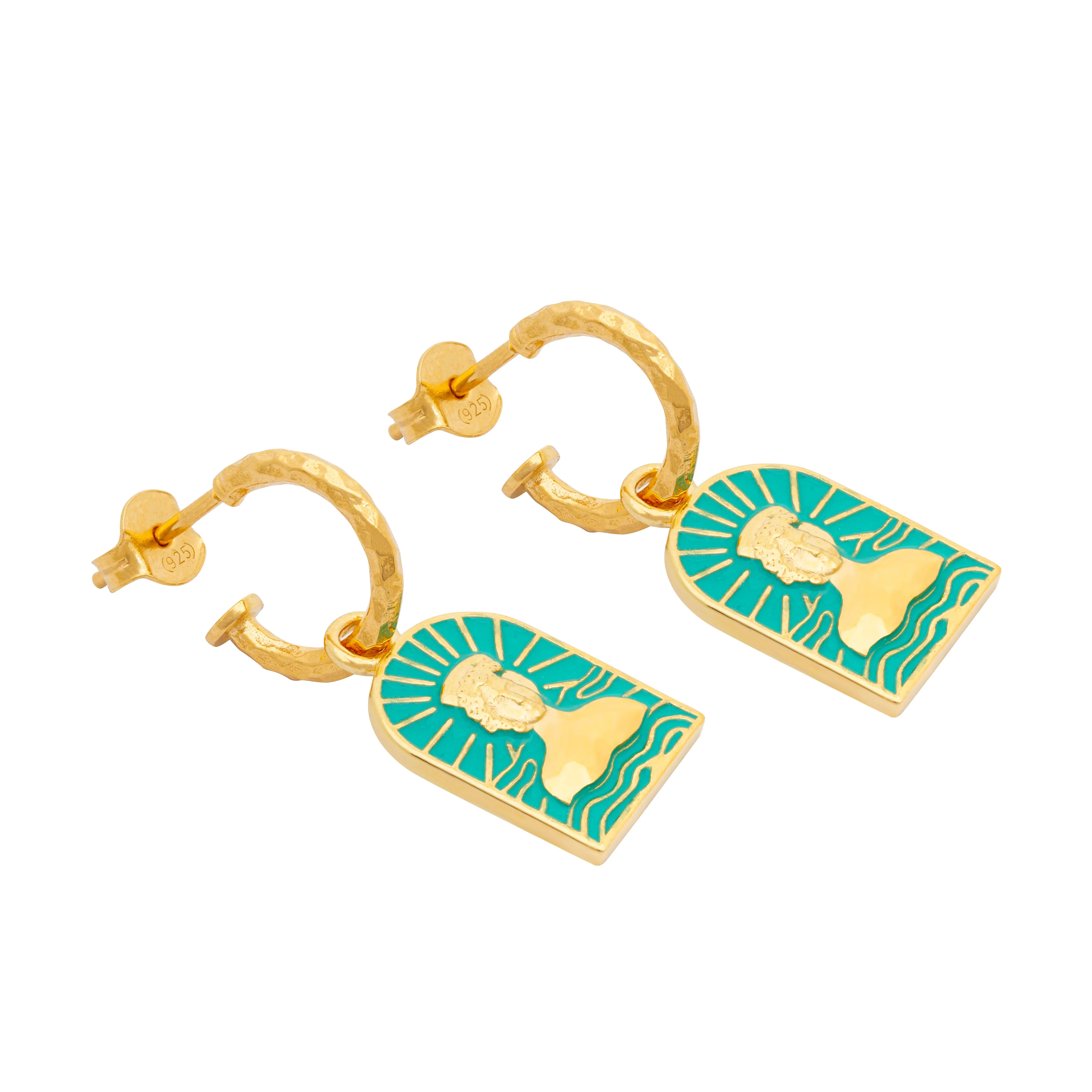 Aqua Enamel Tanit Charm on Textured Hoop, Sold Singular