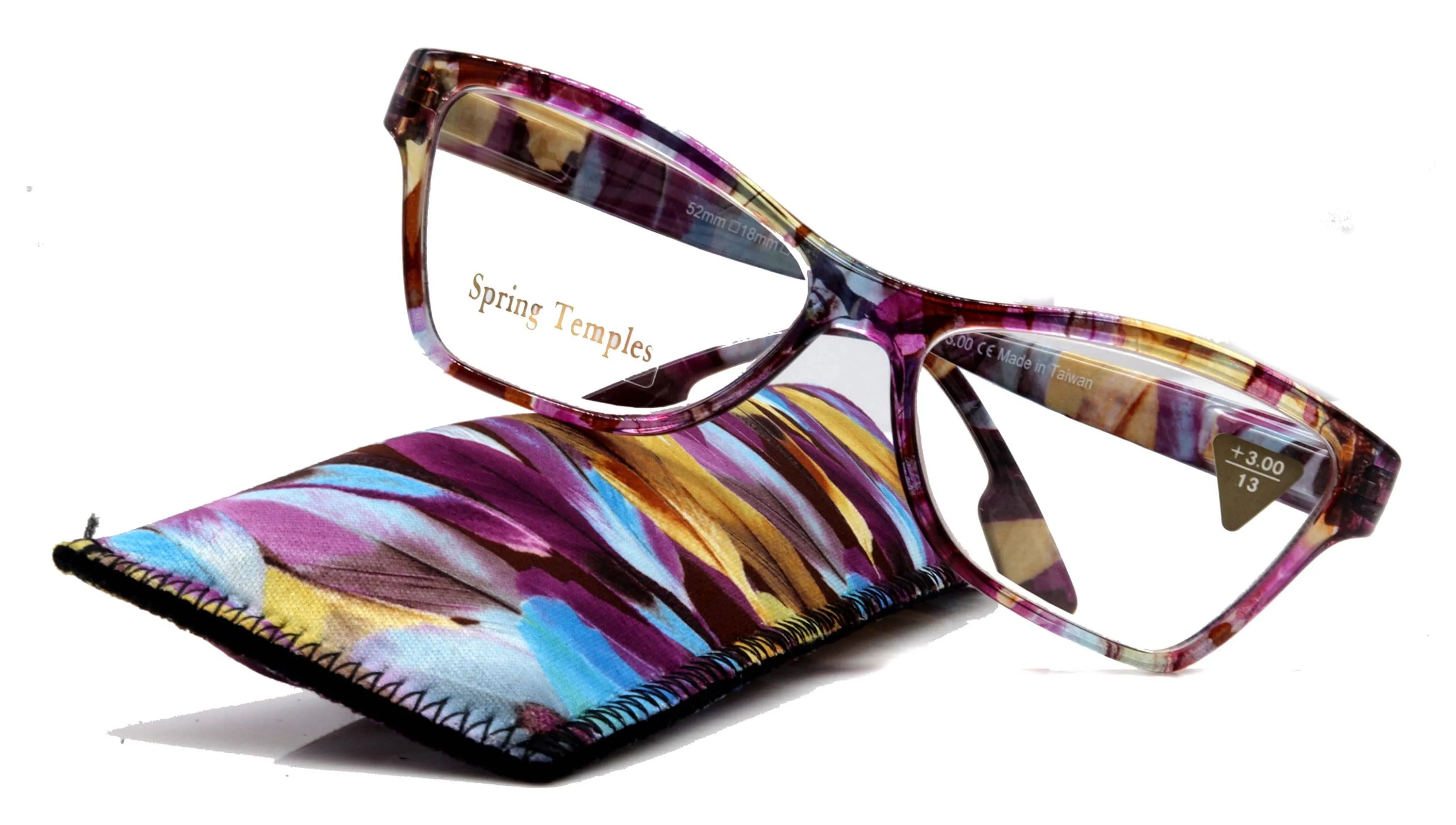 Avian,  (Premium) Reading Glasses, High End Reader  1.25 to  3 Magnifying Eyeglass, Cat Eye (Purple n Blue) Feather Pattern. NY Fifth Avenue