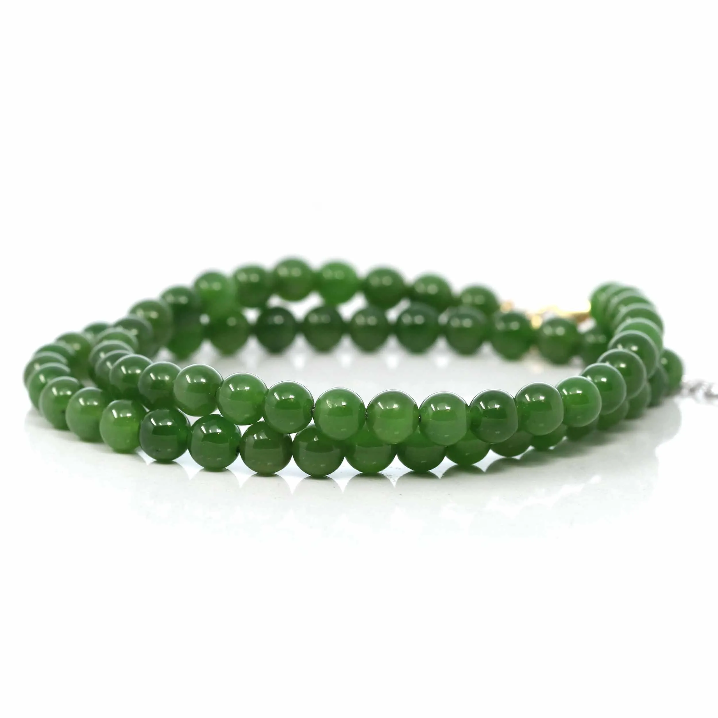 Baikalla High Genuine Fine Green Nephrite Jade Round Beads Bracelet With 18K Yellow Gold Clasp ( 6mm )
