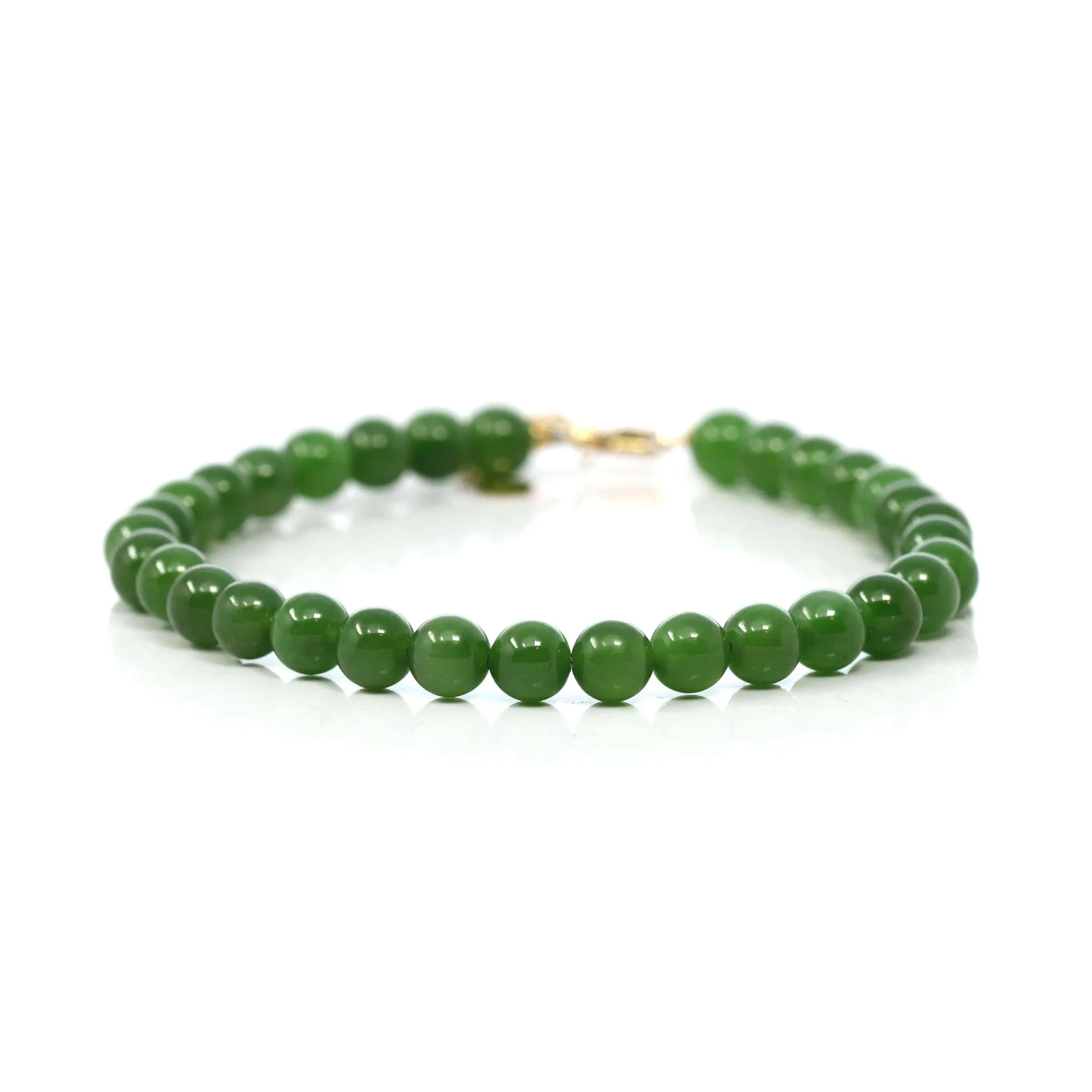 Baikalla High Genuine Fine Green Nephrite Jade Round Beads Bracelet With 18K Yellow Gold Clasp ( 6mm )