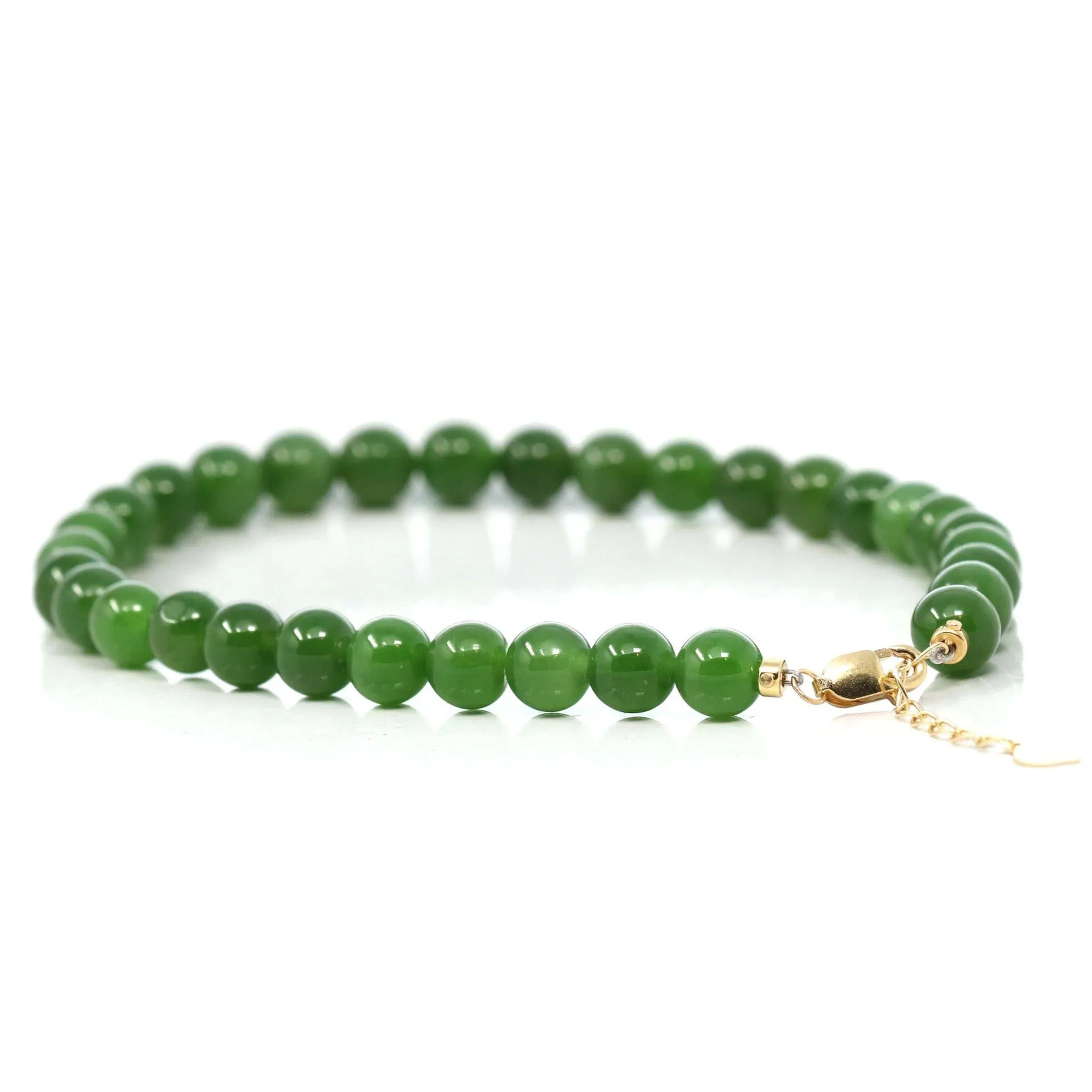Baikalla High Genuine Fine Green Nephrite Jade Round Beads Bracelet With 18K Yellow Gold Clasp ( 6mm )