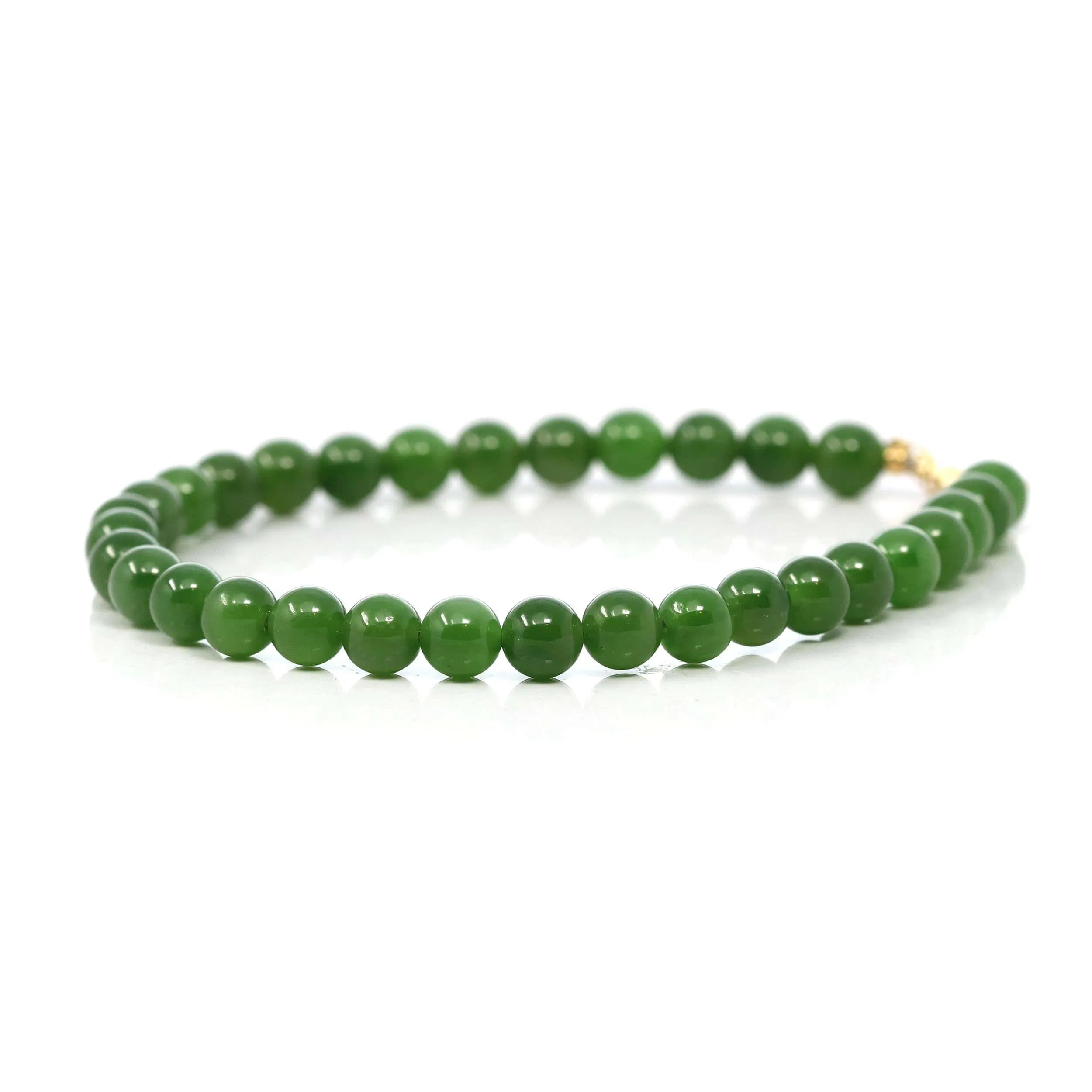 Baikalla High Genuine Fine Green Nephrite Jade Round Beads Bracelet With 18K Yellow Gold Clasp ( 6mm )