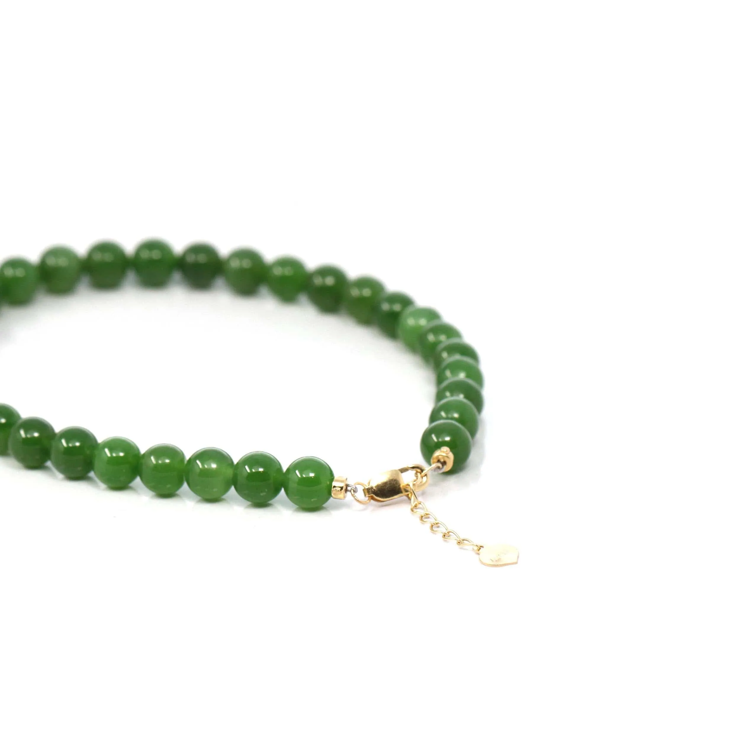 Baikalla High Genuine Fine Green Nephrite Jade Round Beads Bracelet With 18K Yellow Gold Clasp ( 6mm )