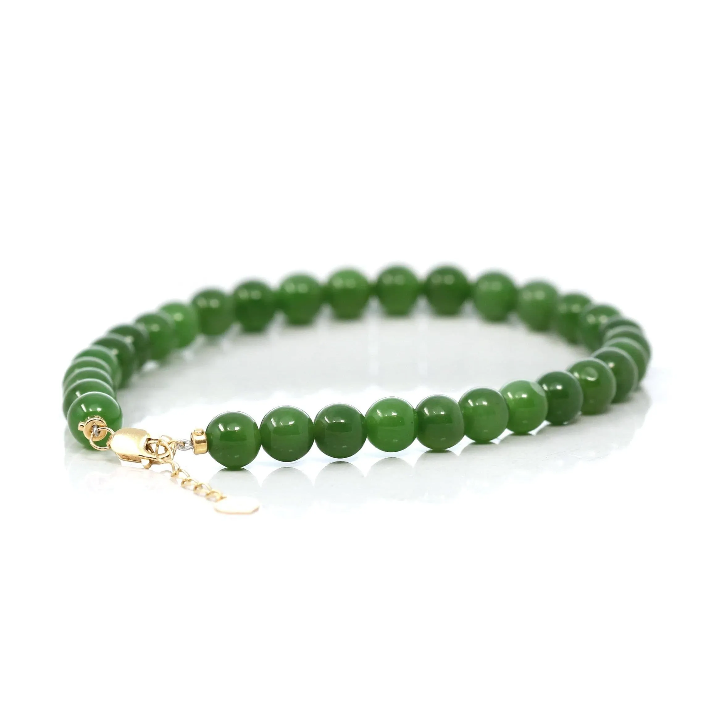 Baikalla High Genuine Fine Green Nephrite Jade Round Beads Bracelet With 18K Yellow Gold Clasp ( 6mm )