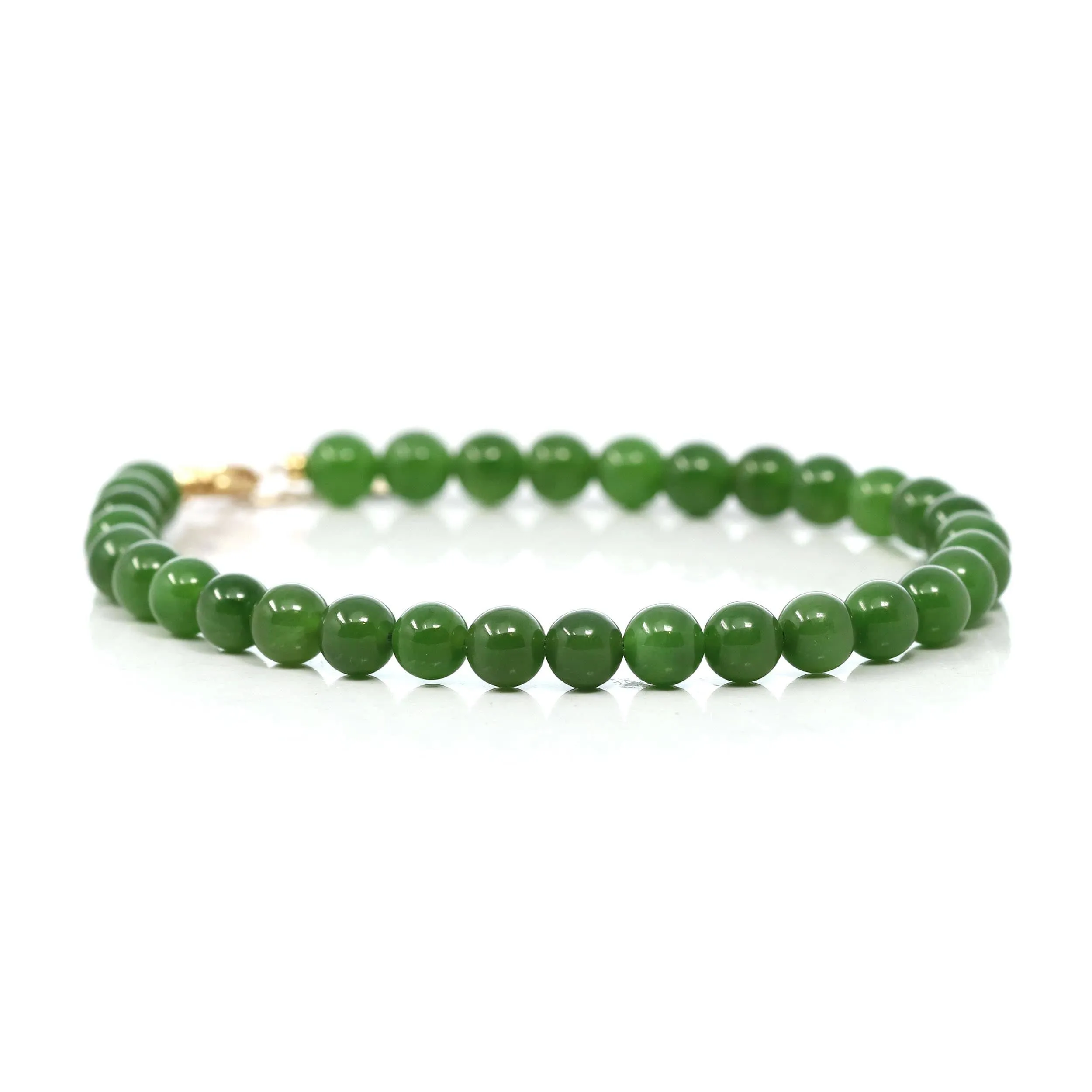 Baikalla High Genuine Fine Green Nephrite Jade Round Beads Bracelet With 18K Yellow Gold Clasp ( 6mm )