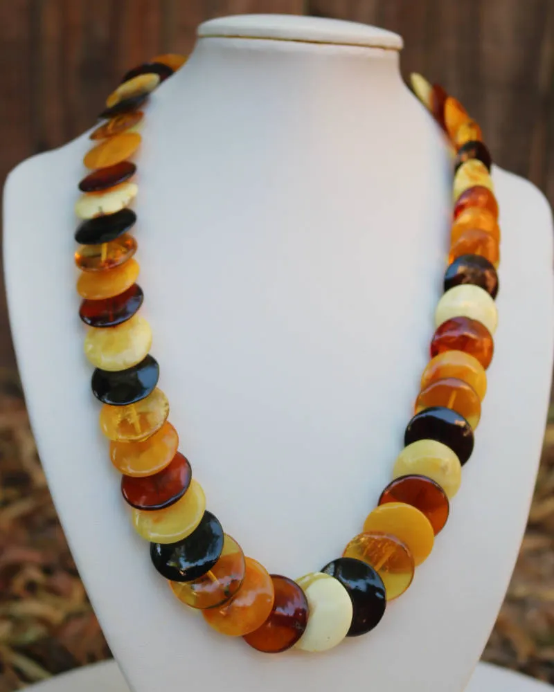 Baltic Amber Necklace Multicolor Graduated Disc Beads Natural Jewelry 19.7" 42.5 gram