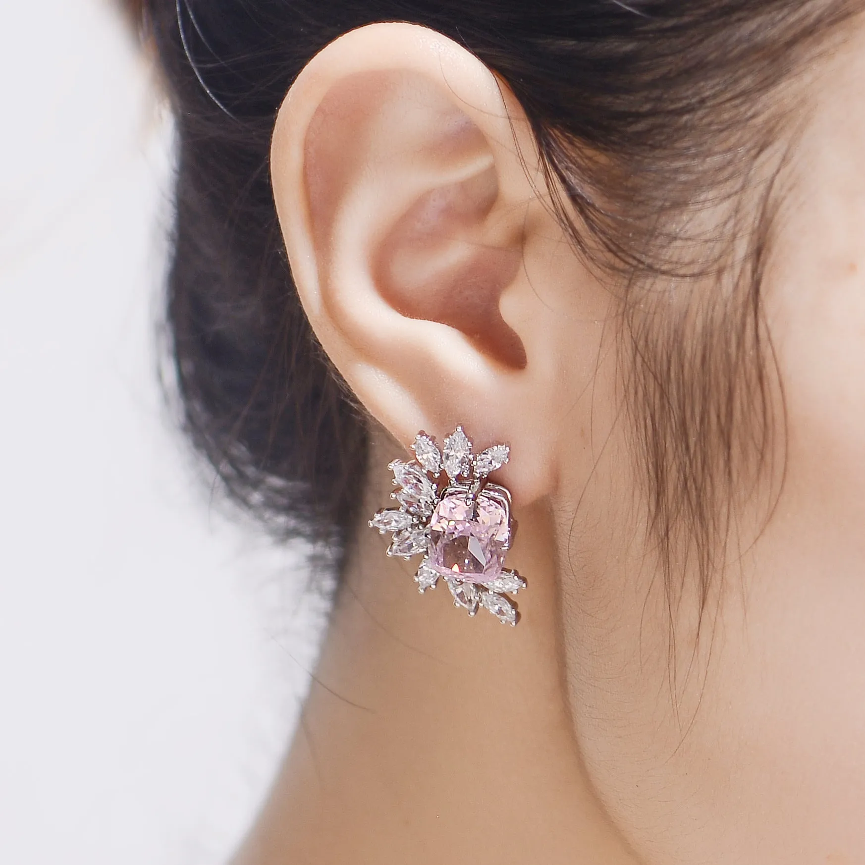 Barbie Pink Zircon Ice Cut Silver Studs Earrings for Women