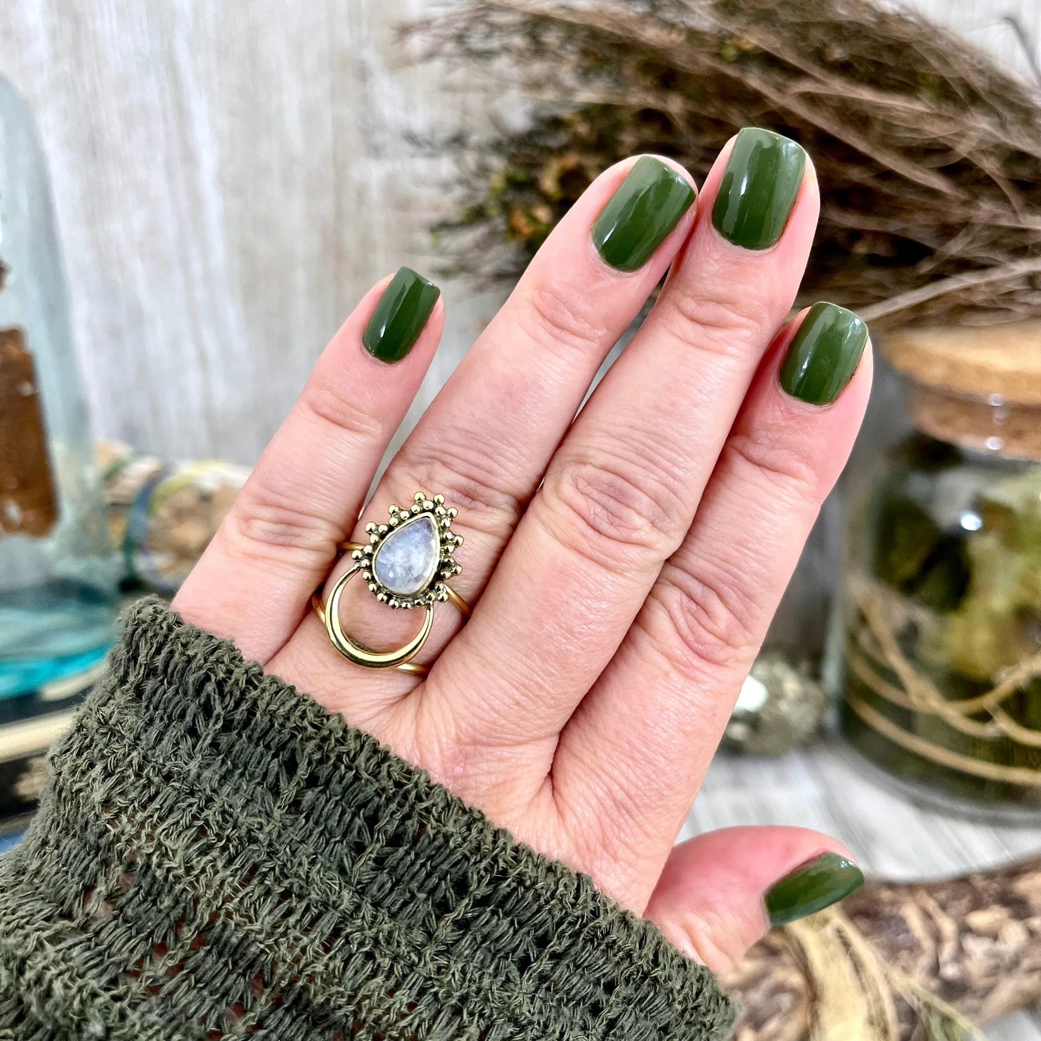 Beautiful Crescent Moon Rainbow Moonstone Statement Ring Set in Brass / Curated by FOXLARK Collection