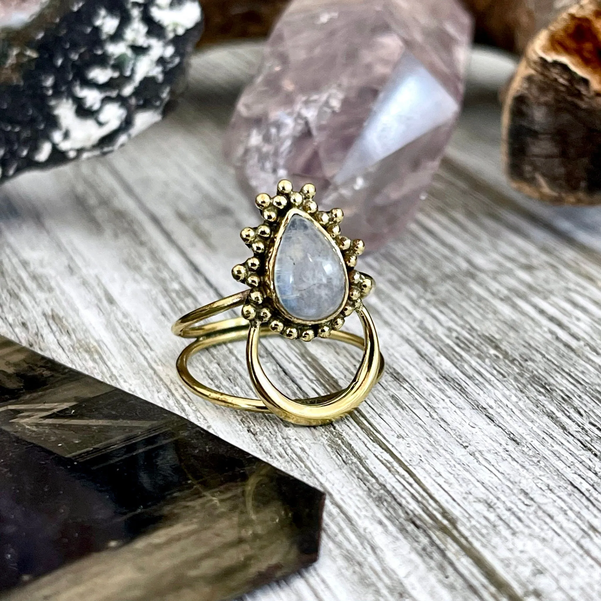 Beautiful Crescent Moon Rainbow Moonstone Statement Ring Set in Brass / Curated by FOXLARK Collection