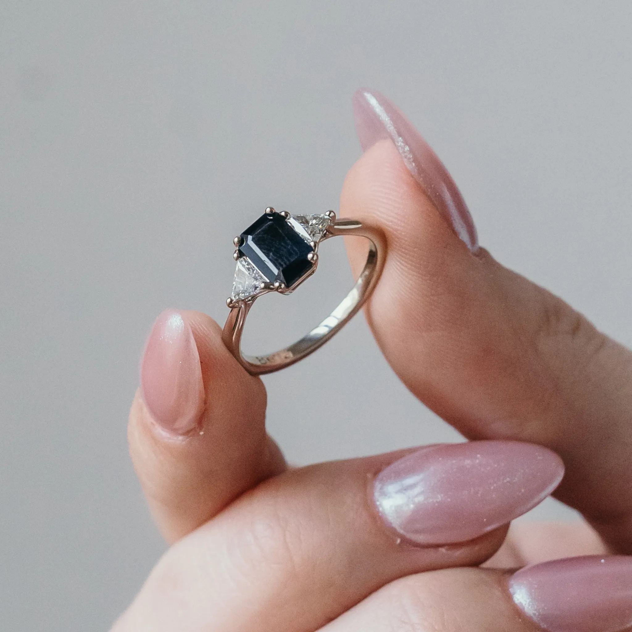 Black Sapphire Engagement Ring With Diamond Side Stones