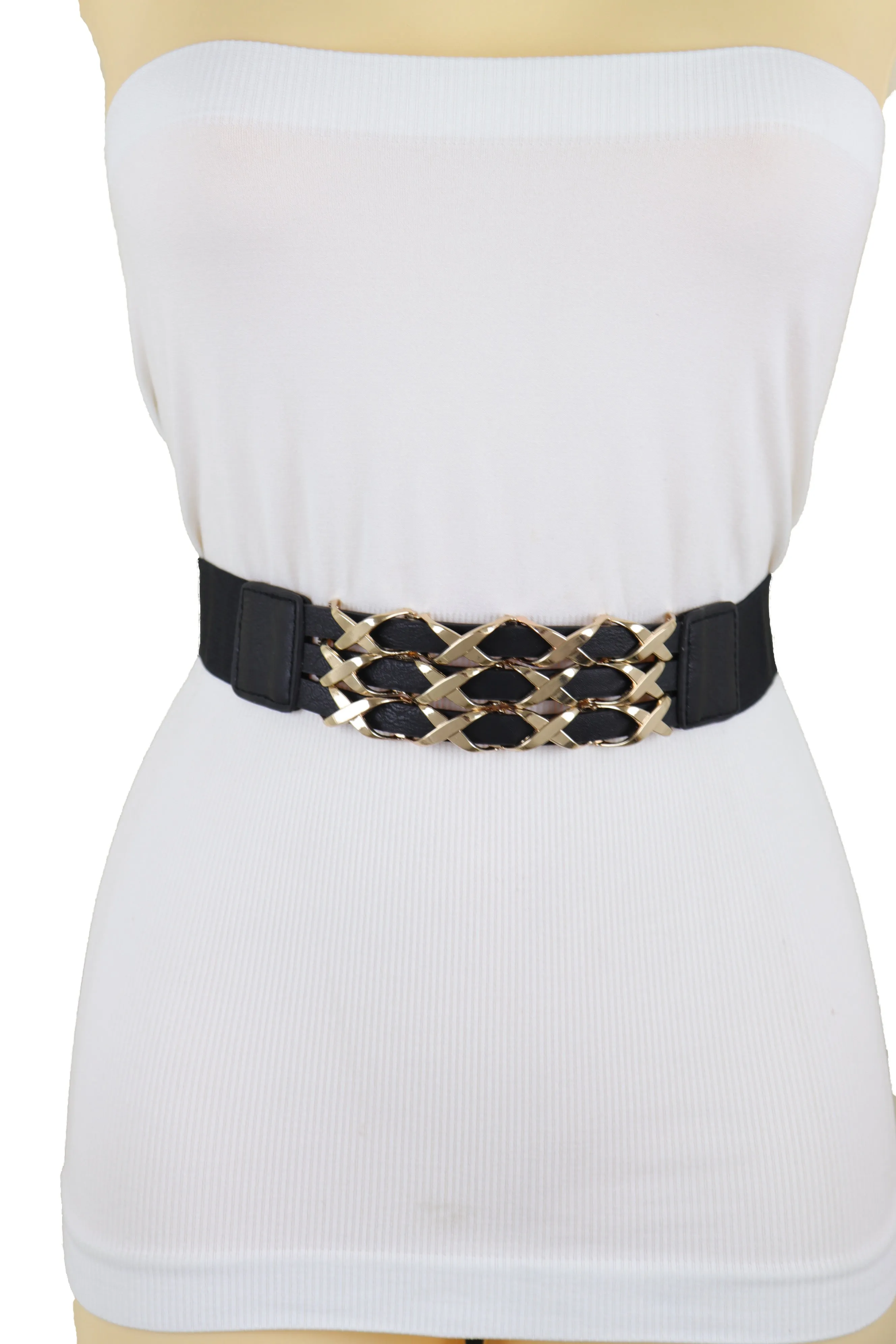 Black Stretch Waistband Fashion Belt Hip Waist Gold Metal XX Charm Fit S M
