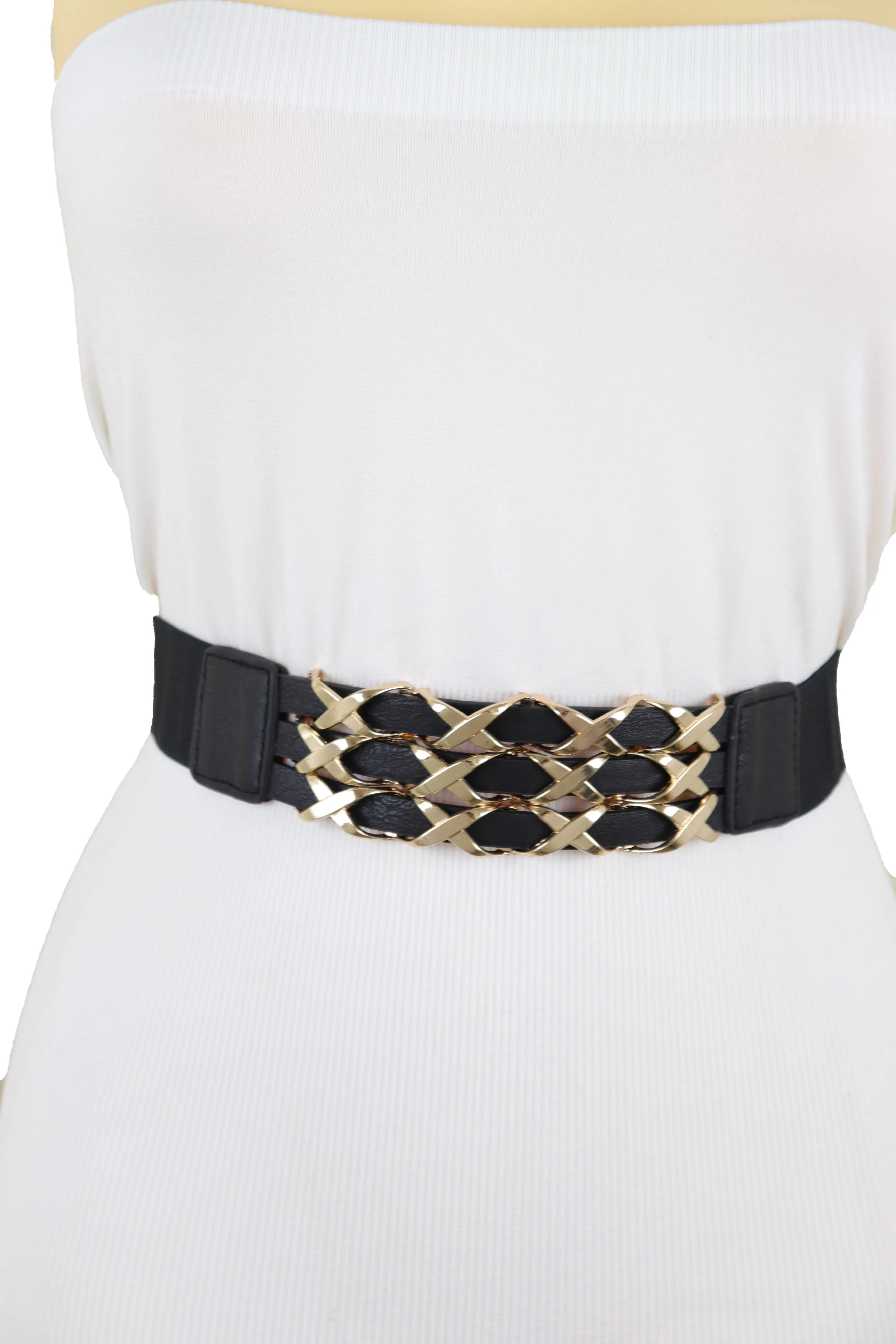 Black Stretch Waistband Fashion Belt Hip Waist Gold Metal XX Charm Fit S M