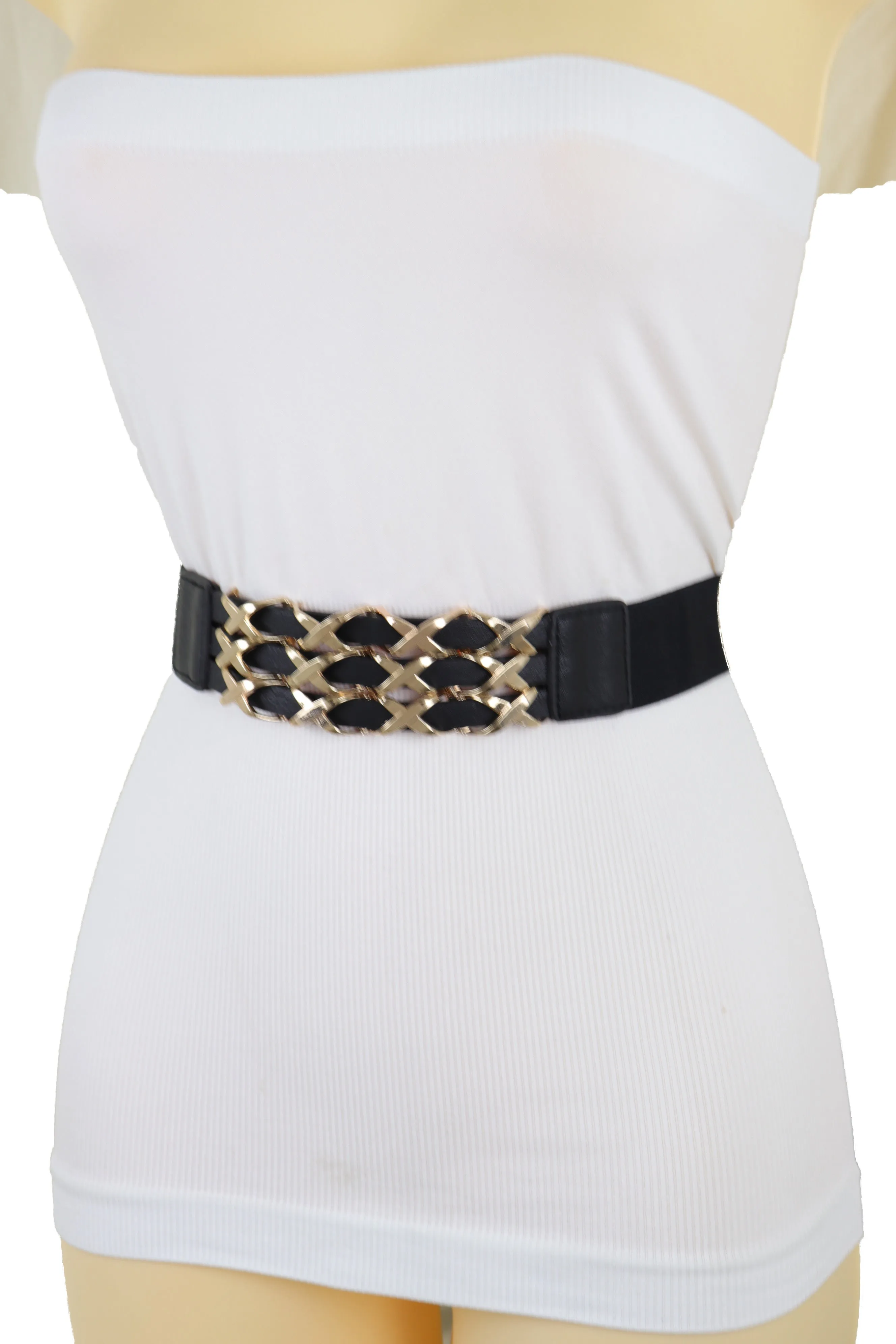 Black Stretch Waistband Fashion Belt Hip Waist Gold Metal XX Charm Fit S M