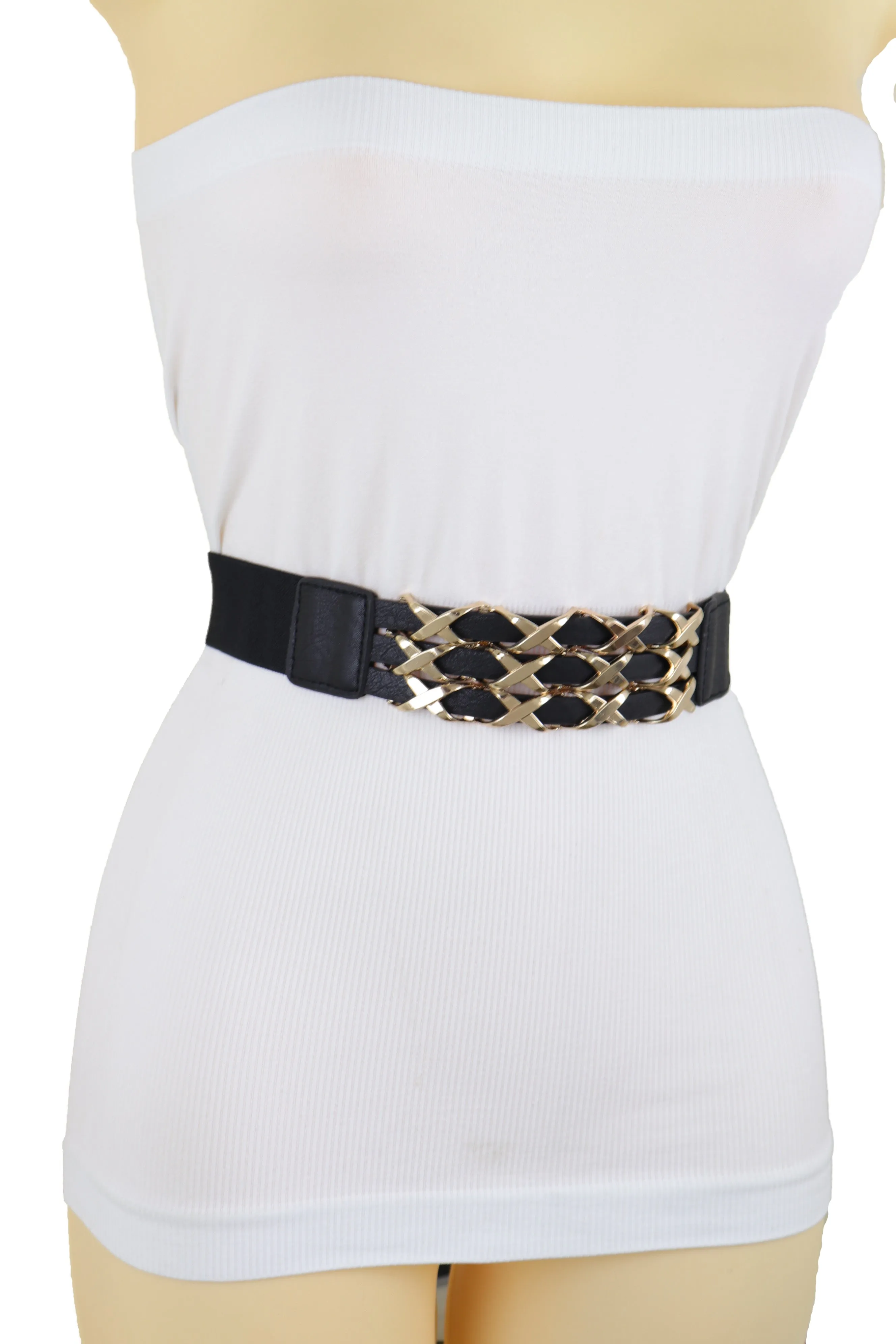 Black Stretch Waistband Fashion Belt Hip Waist Gold Metal XX Charm Fit S M